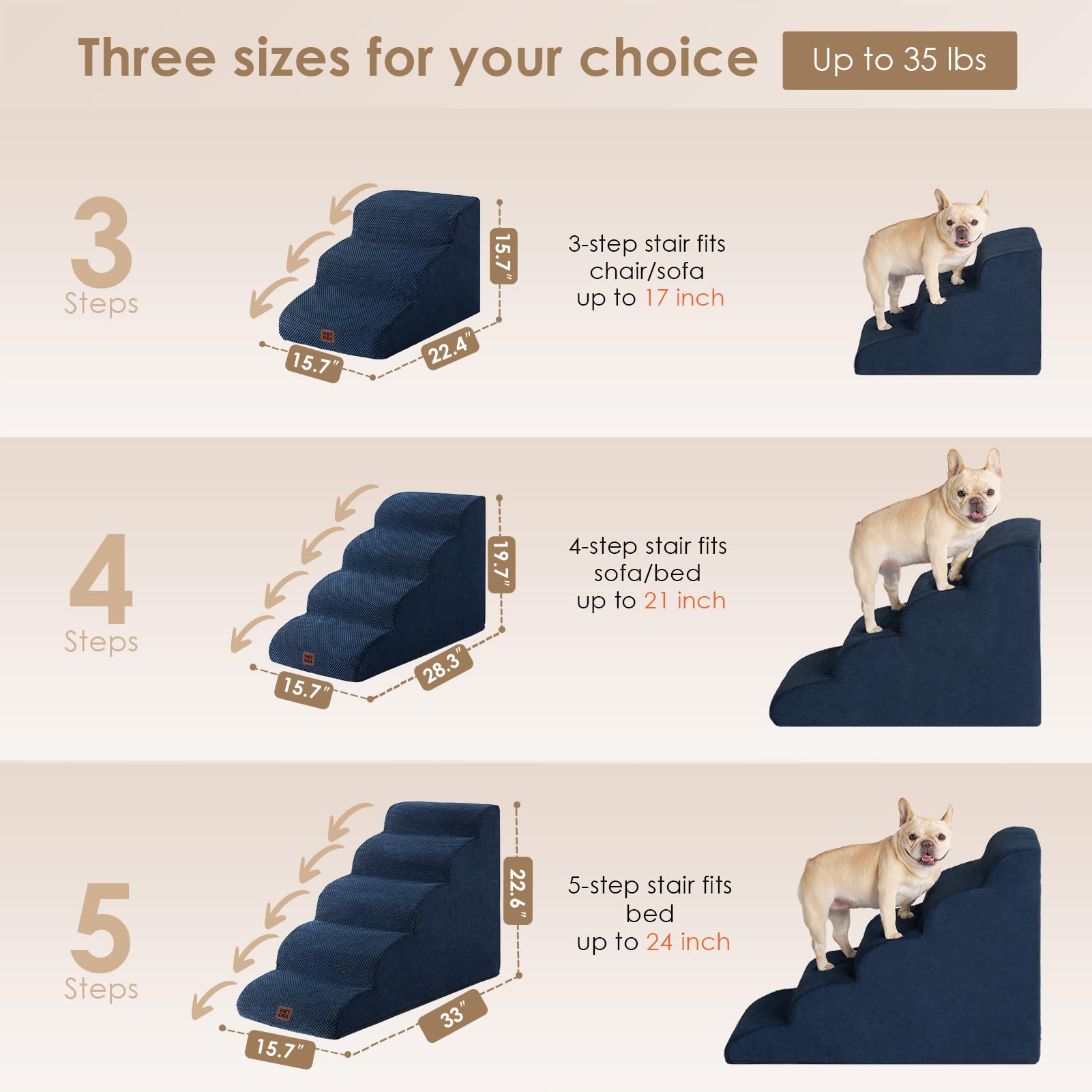 Eheyciga Curved Dog Stairs Ramp For Small Dogs 15.7' H, 3-Step Dog Steps For Couch Sofa And Chair, Pet Stairs For Cats, Non-Slip Balanced Pet Steps Indoor, Navy