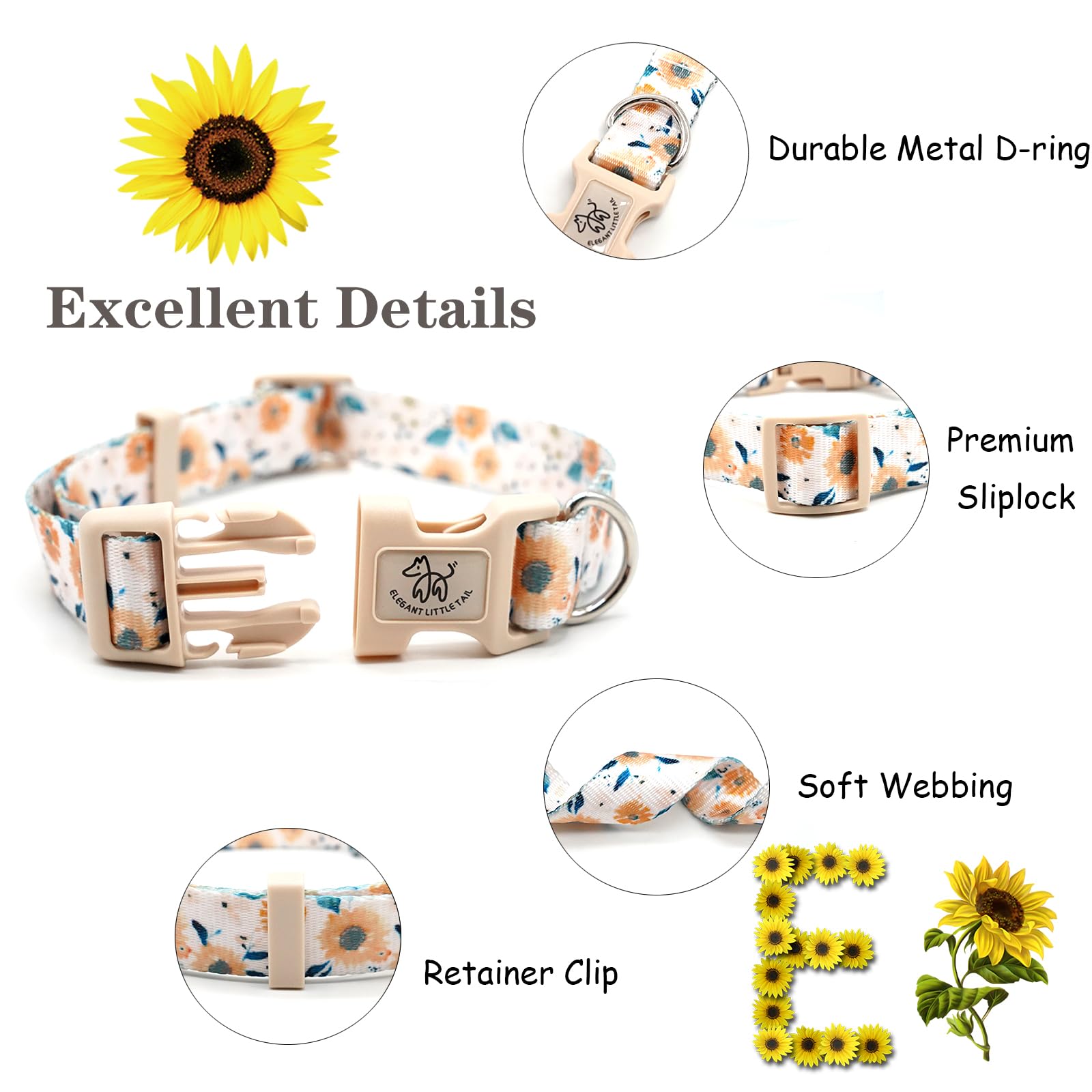 Elegant Little Tail Dog Collar With Leash, Sunflower Print Pet Collar Leash Adjustable Collar For Small Medium Large Dogs Soft P