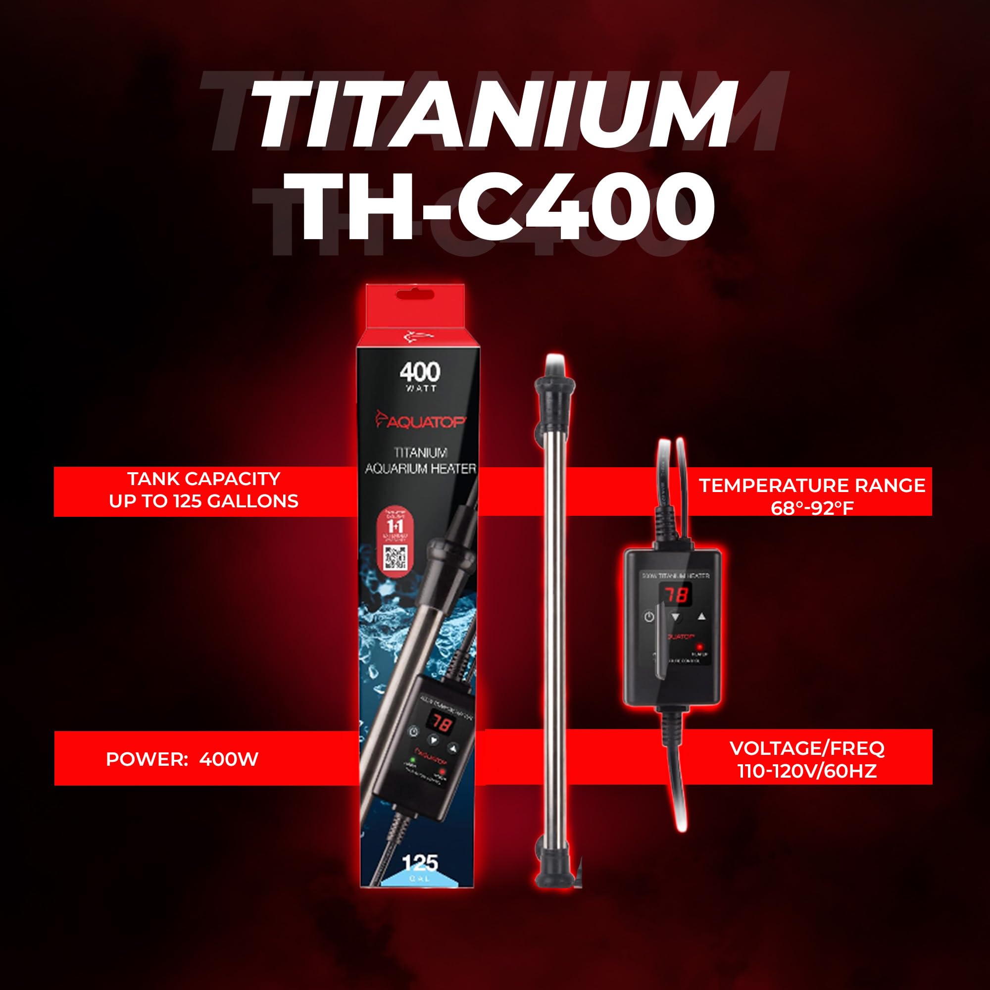 Aquatop 400W Titanium Heater with Controller - Fully Submersible - Up to 125 Gal - 68-92F Adjustable Temperature - for Fresh and