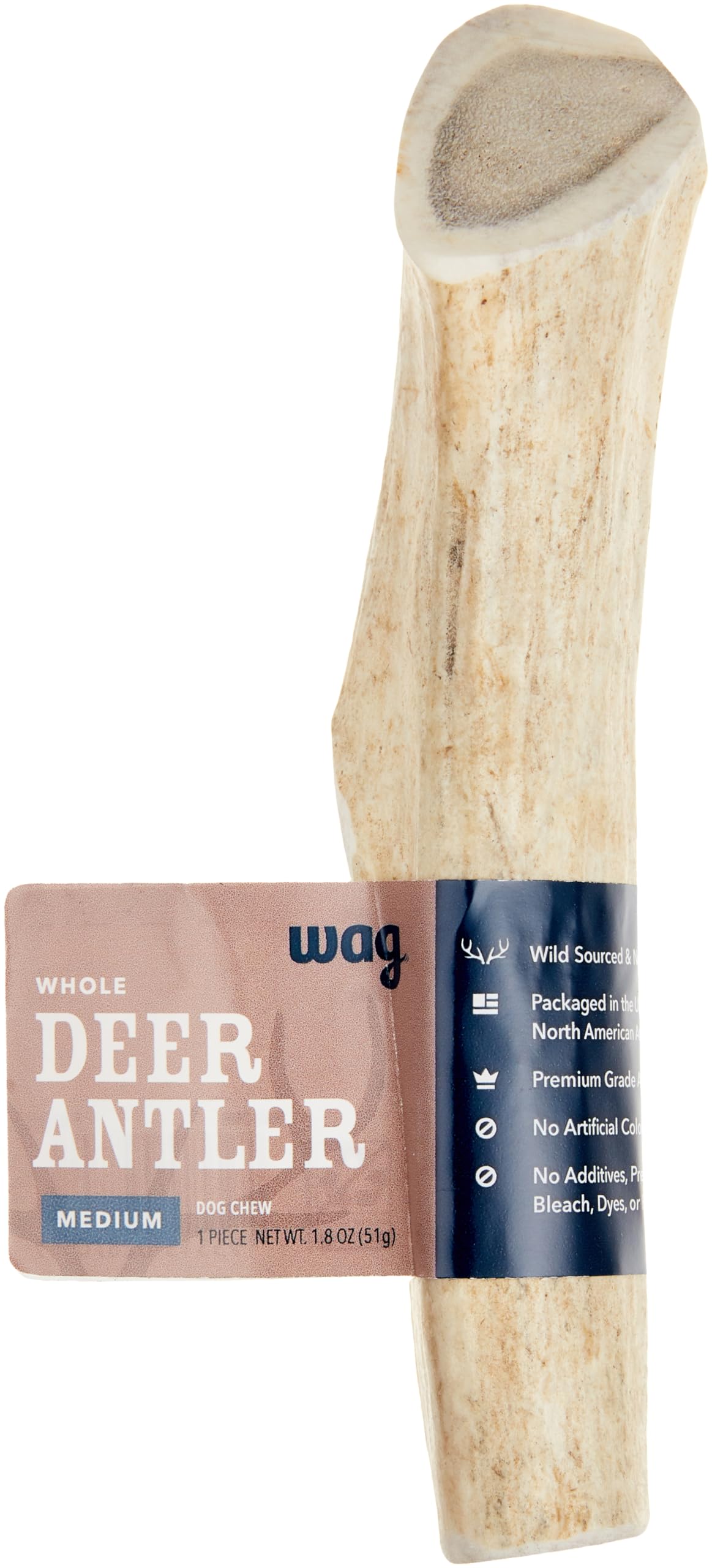 Amazon Brand - Wag Deer Antler Chew for Dogs, Naturally Shed, Whole, Medium 6 - 7.5 inches, Long Lasting for Aggressive Chewers,