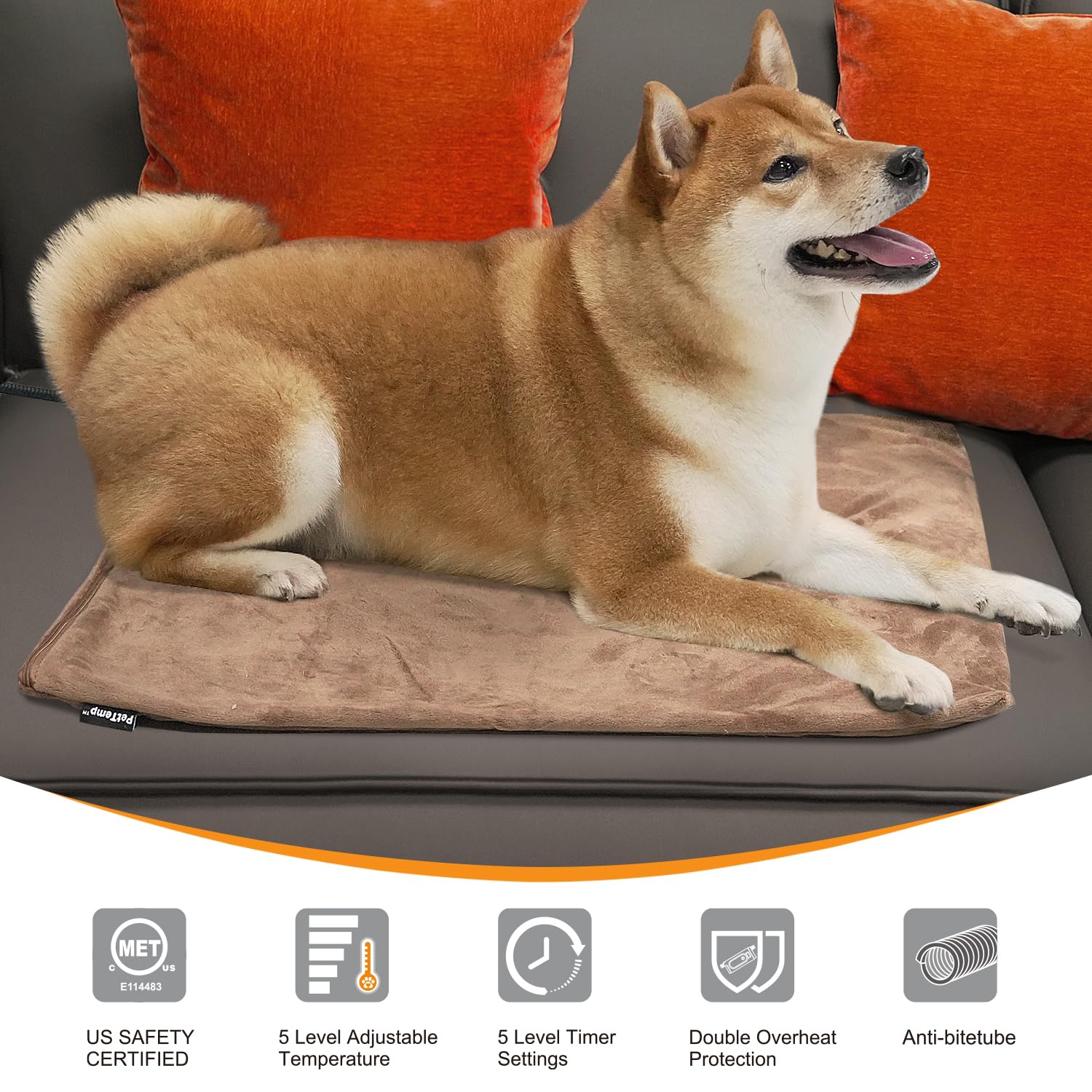 PetTemp Heated Pet Pad - 5 Adjustable Temps, Timer, Waterproof, L:26'' x 20'', Chew-Resistant, Model TT104-2, White