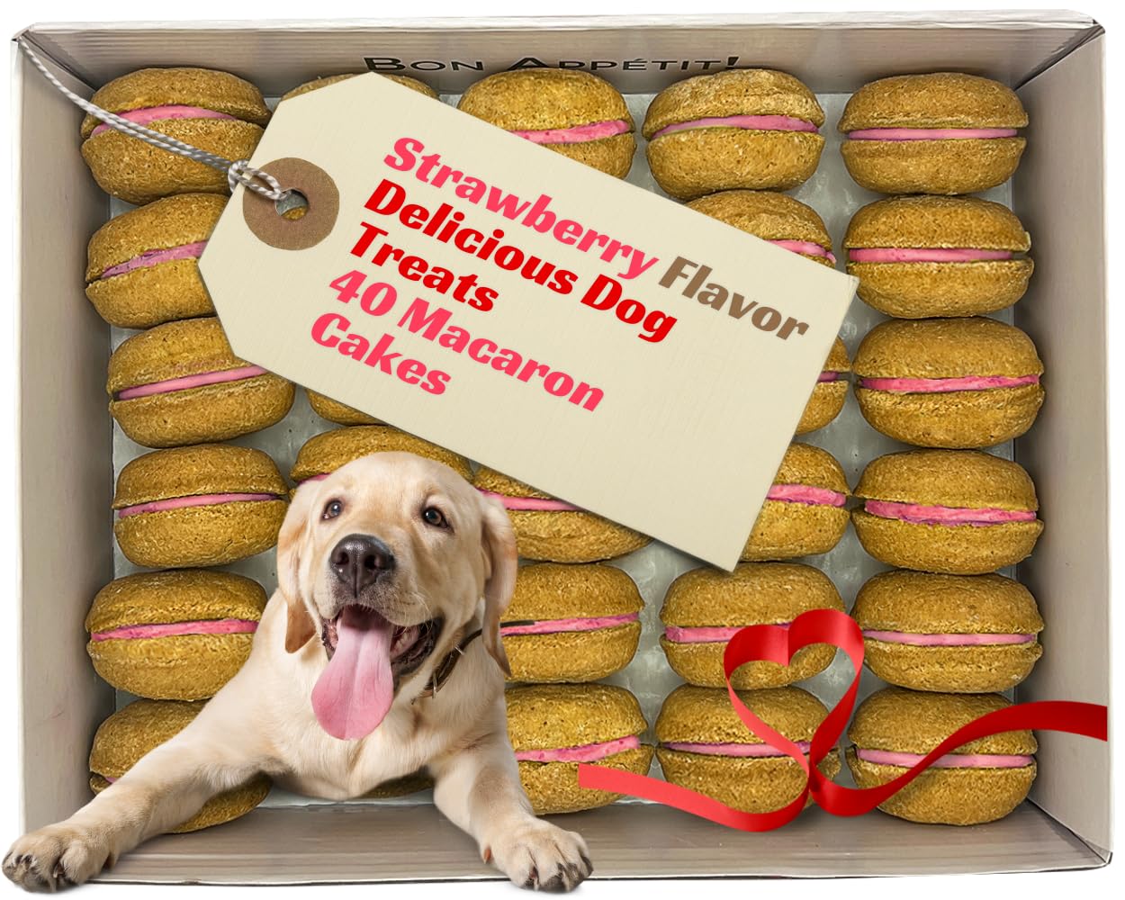 Bonne et Filou Dog Treats Strawberry Cupcakes - Gourmet Macaron Cakes, 40 Count Bulk Pack - Healthy & Delicious Human Grade Snac