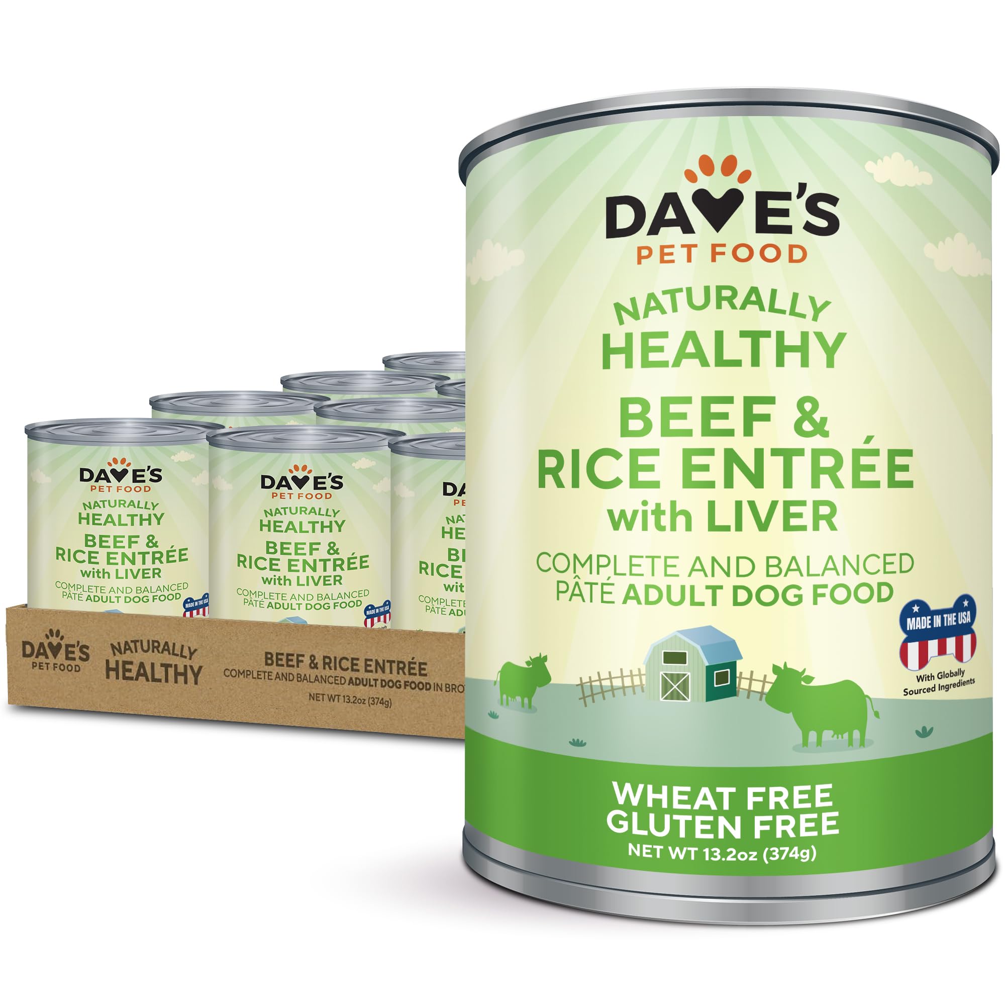 Daves Pet Food Wet Dog Food (Beef & Rice), Made in USA Naturally Healthy Canned Topper Gluten Free Topper, 13.2 oz (12 Pack)