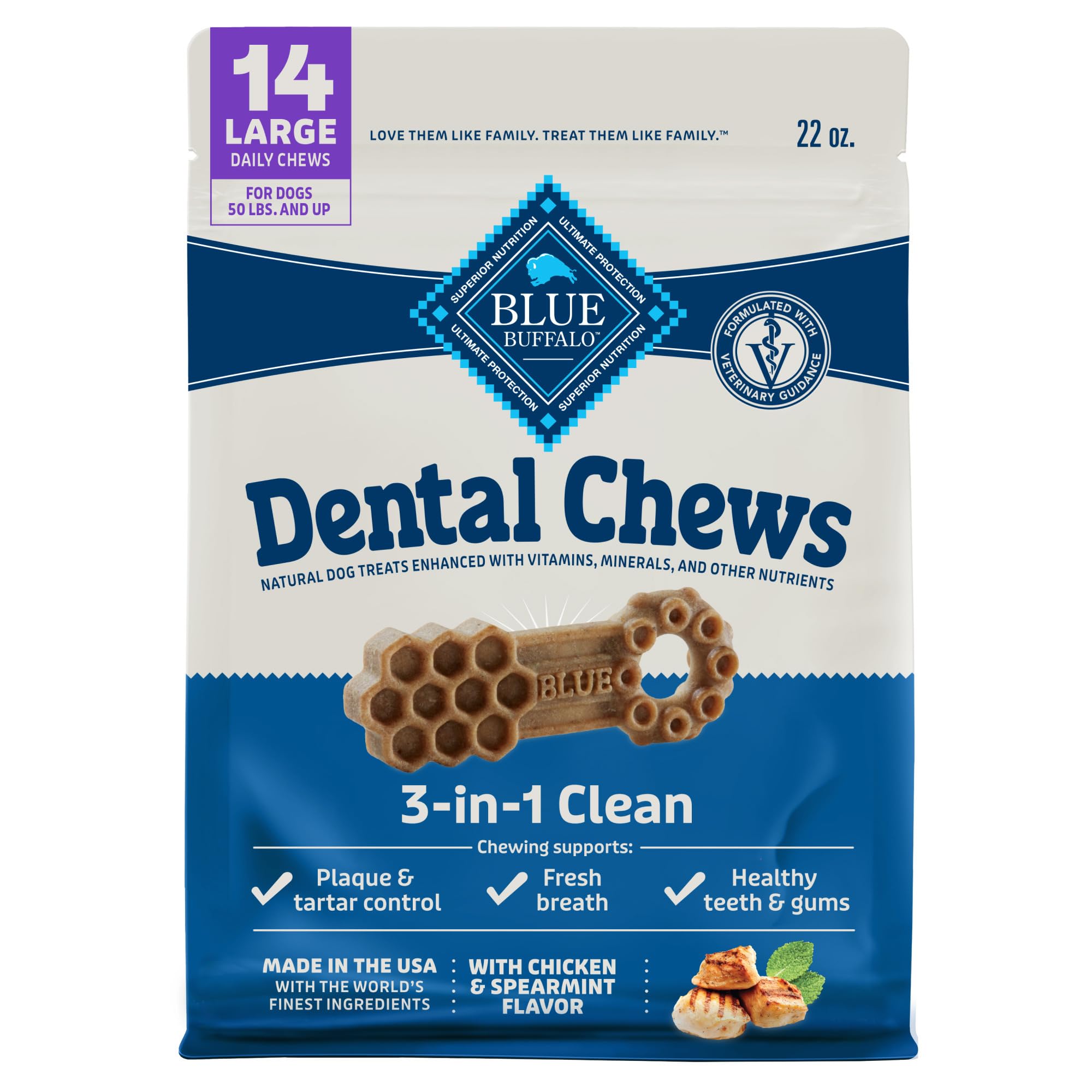 Blue Buffalo Dental Chews Large Natural Dog Treats, Chicken & Spearmint 22-oz Bag (14 Count)