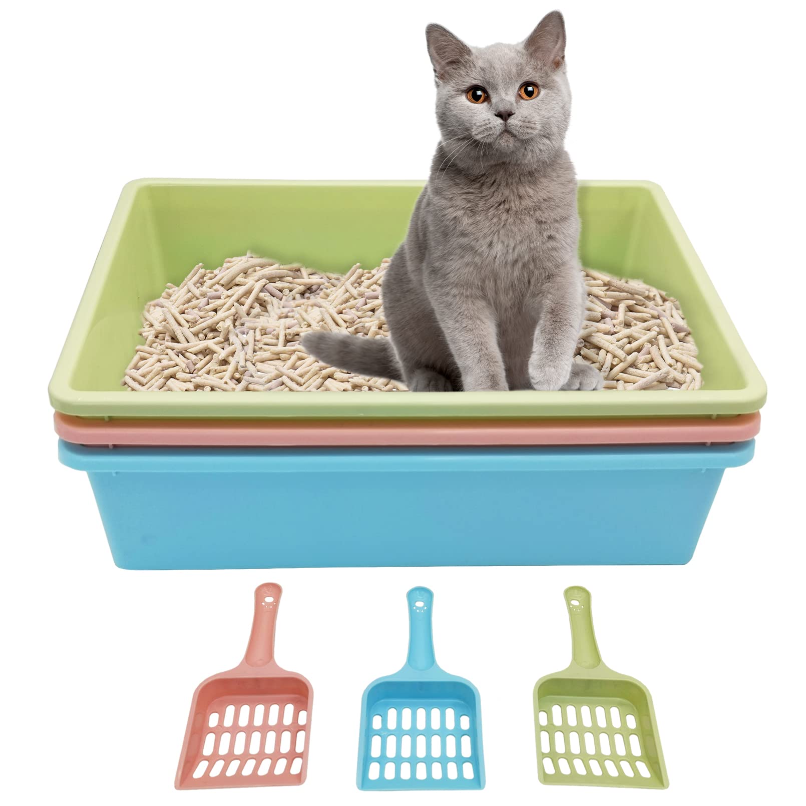Kathson 4Pcs Medium Open Cat Litter Box With Scoop, Durable Non-Stick Plastic Litter Pan For Cats, Puppies, Bunnies, And Small A