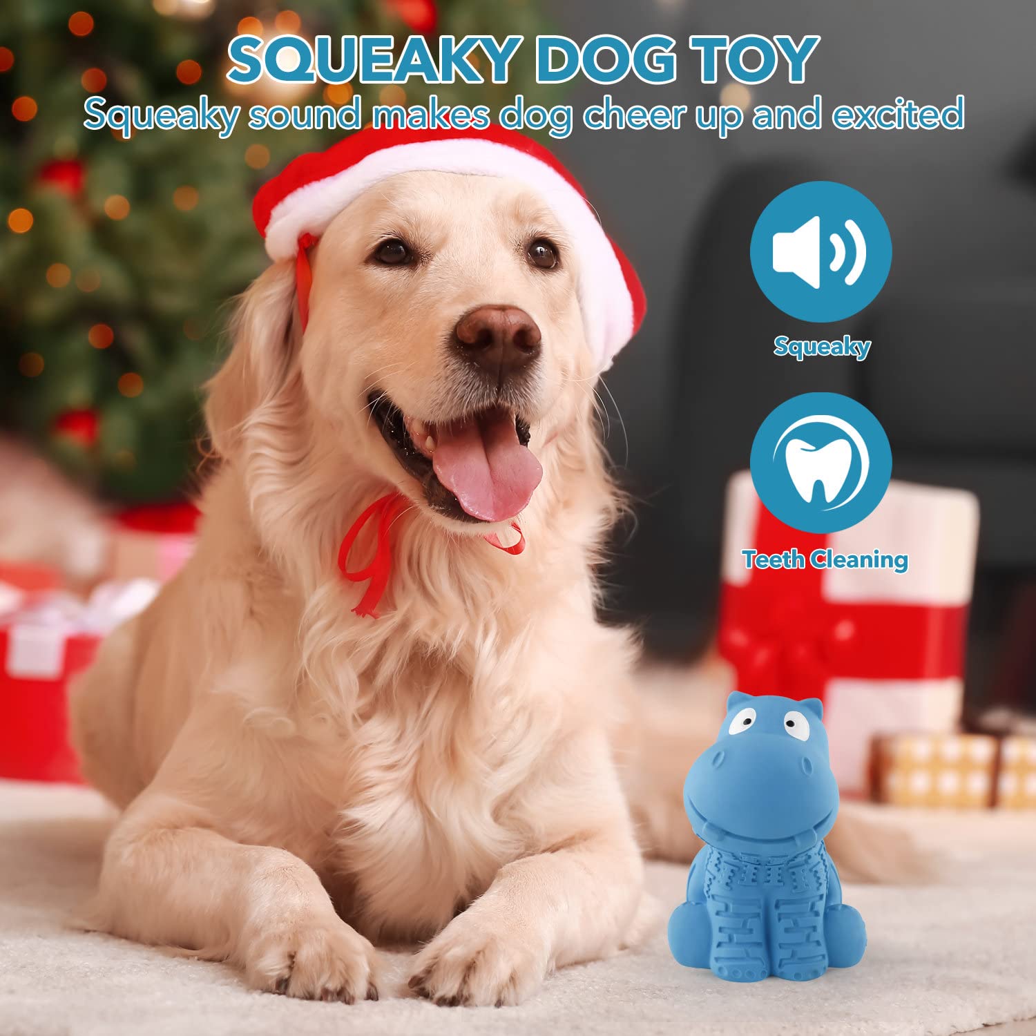 Petizer Indestructible Squeaky Dog Toys For Aggressive Chewers, Durable Tough Latex Toys For Heavy Chewers, Natural Rubber Toys For Small/Medium/Large Dogs, Blue Hippo