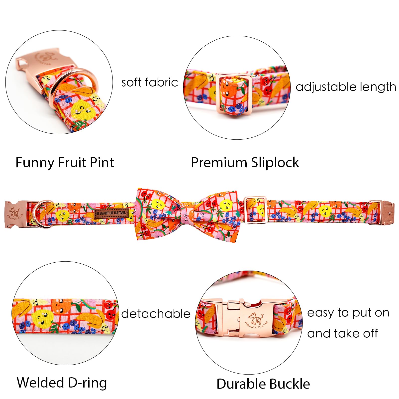 Elegant little tail Dog Collar with Bow - Fruit Print Dog Collar Cute Bowtie Dog Collar Girl Boy Pet Collar for Small Medium Lar