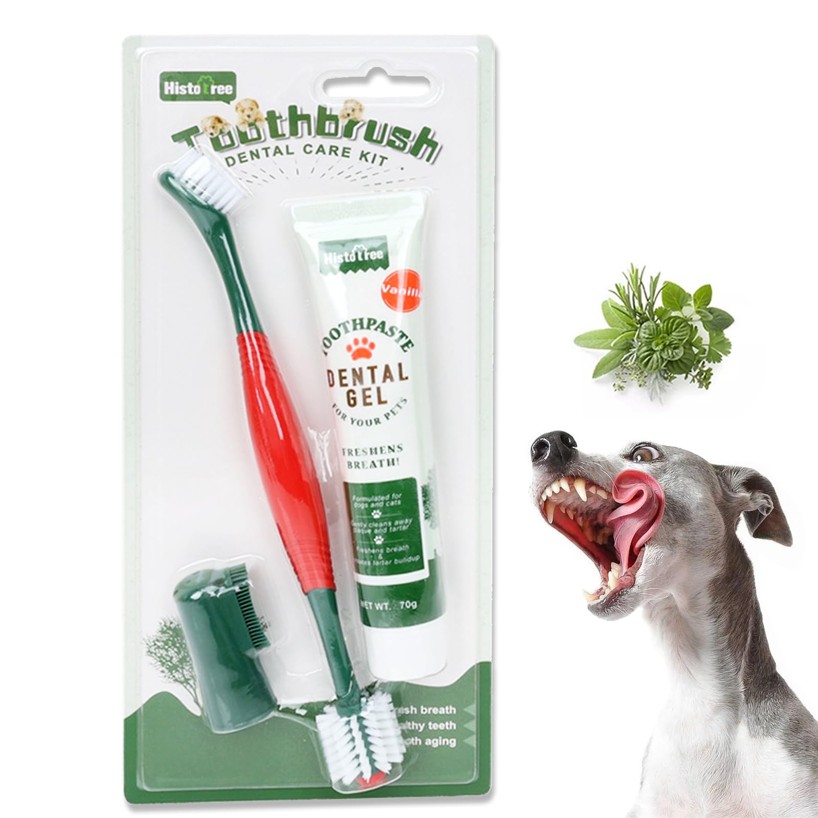 Histotree Dog Toothbrush and Toothpaste Kit Vanilla Dog Toothpaste(70g) Soft Nylon Double-Head Dog Toothbrush Green Dog Finger T