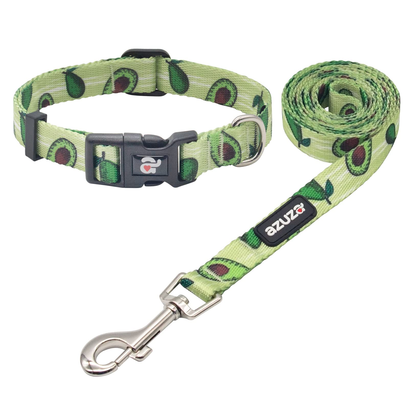 Azuza Dog Collar And Leash Set, Fun Avocado Patterns On Nylon Collar And Matching Leash, Large Dog Collar For Medium Dogs