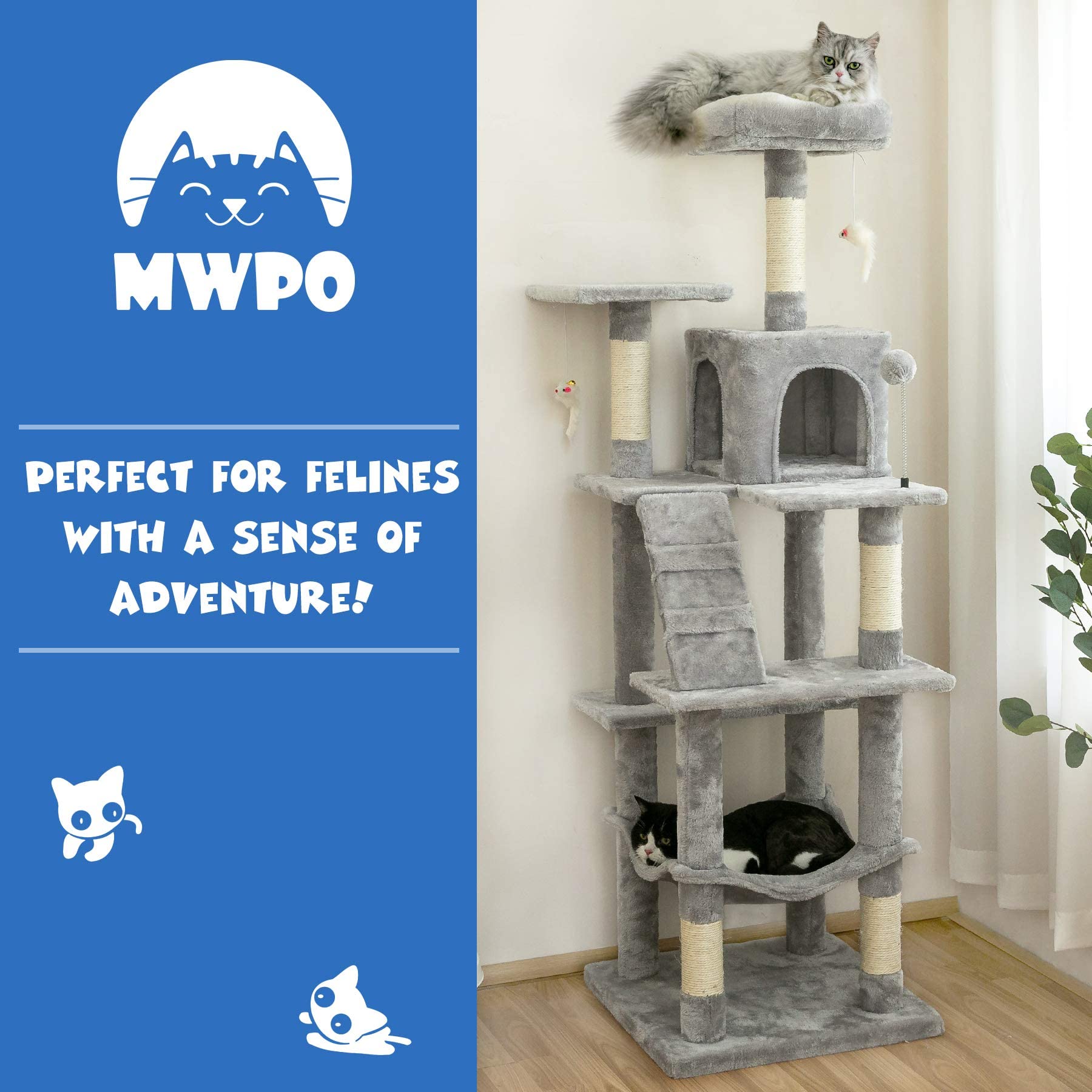 Mwpo 63.8 Inches Multi-Level Cat Tree For Large Cats With Sisal-Covered Scratching Posts, Padded Platform, Hammock And Condo,Stable Cat Tower Cat Condo Pet Play House-Light Gray