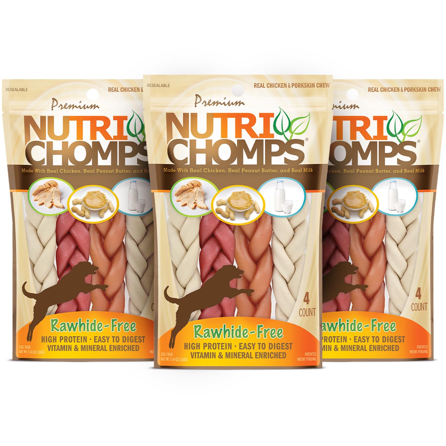 NutriChomps Dog Chews- 6-inch Braids,Easy to Digest, Rawhide-Free Dog Treats, Healthy, 4 Count, Real Chicken, Peanut Butter and 