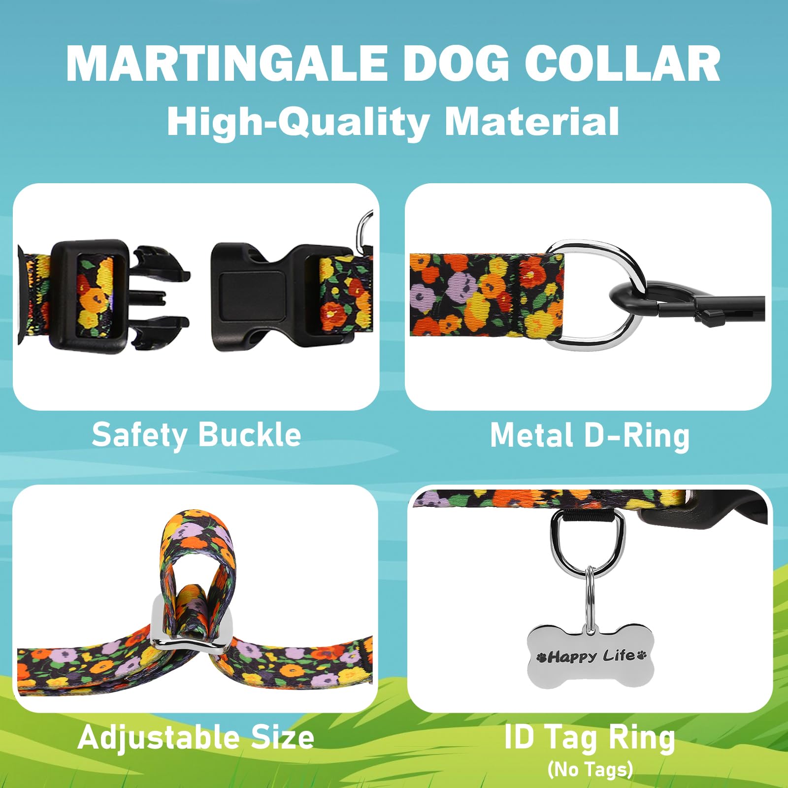 Fidohug Martingale Collar With Buckle Adjustable Nylon Training No Pull Dog Collars For Large Dogs (Orange Floral, Large)