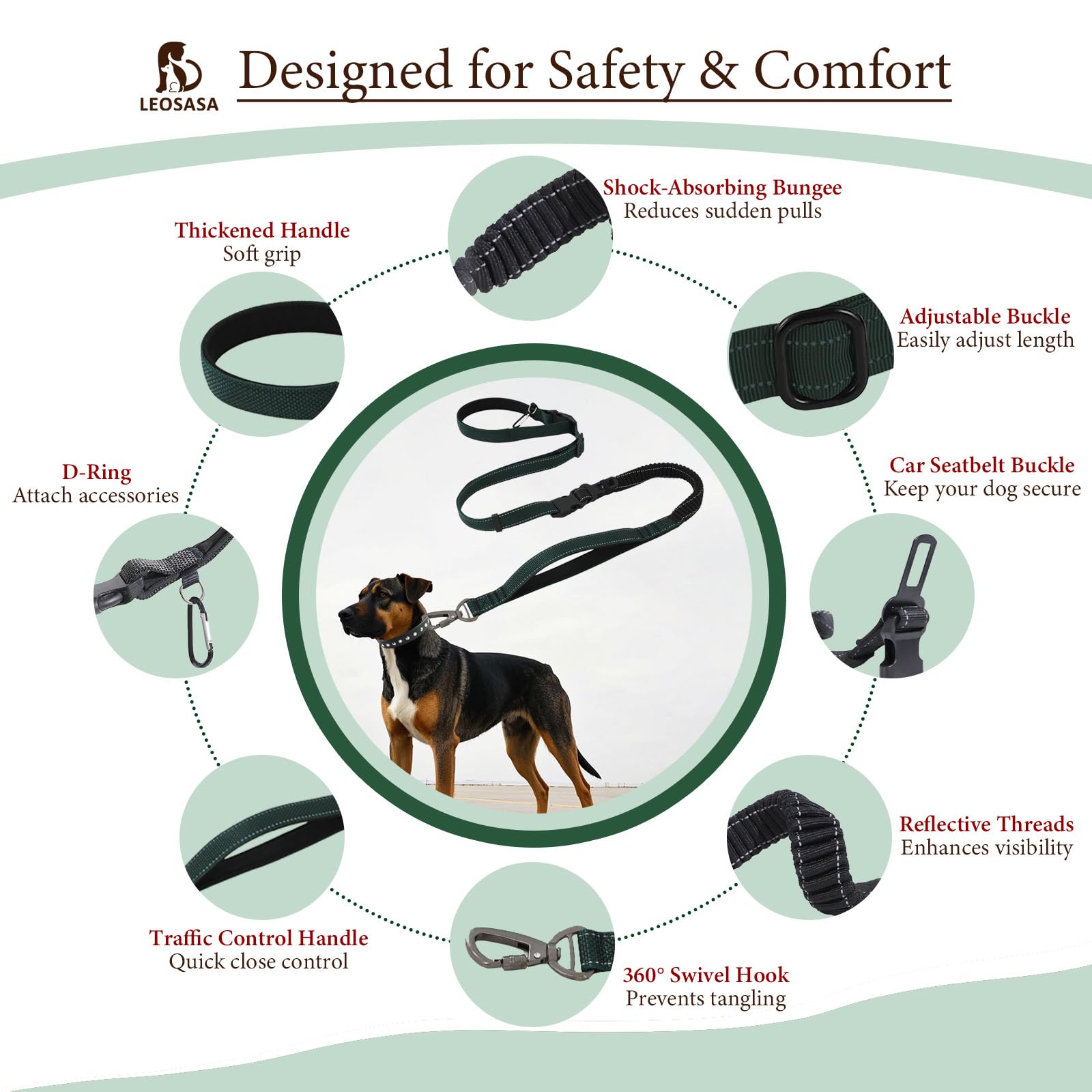 Leosasa Hands-Free Dog Leash - Tactical Rope With No Pull Bungee Tangle Free Clip, Adjustable Length For Multi-Use, 2-Handle Wit