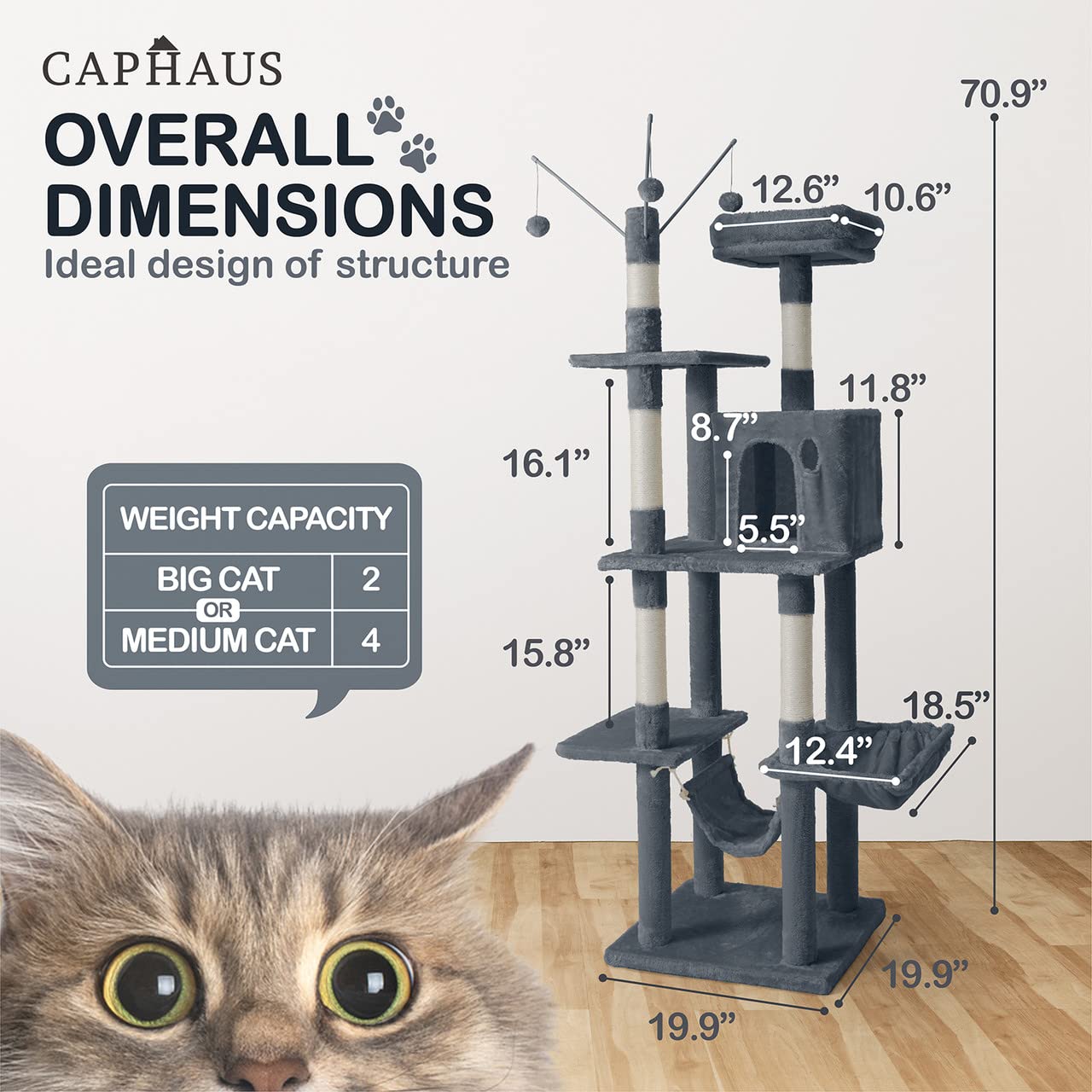 CAPHAUS Tall Cat Tree - 70-Inch Modern Play Tower in Smoky Grey with Scratching Posts, Hammock, Cat Cave Condo, Model CH PHFC-BH672001