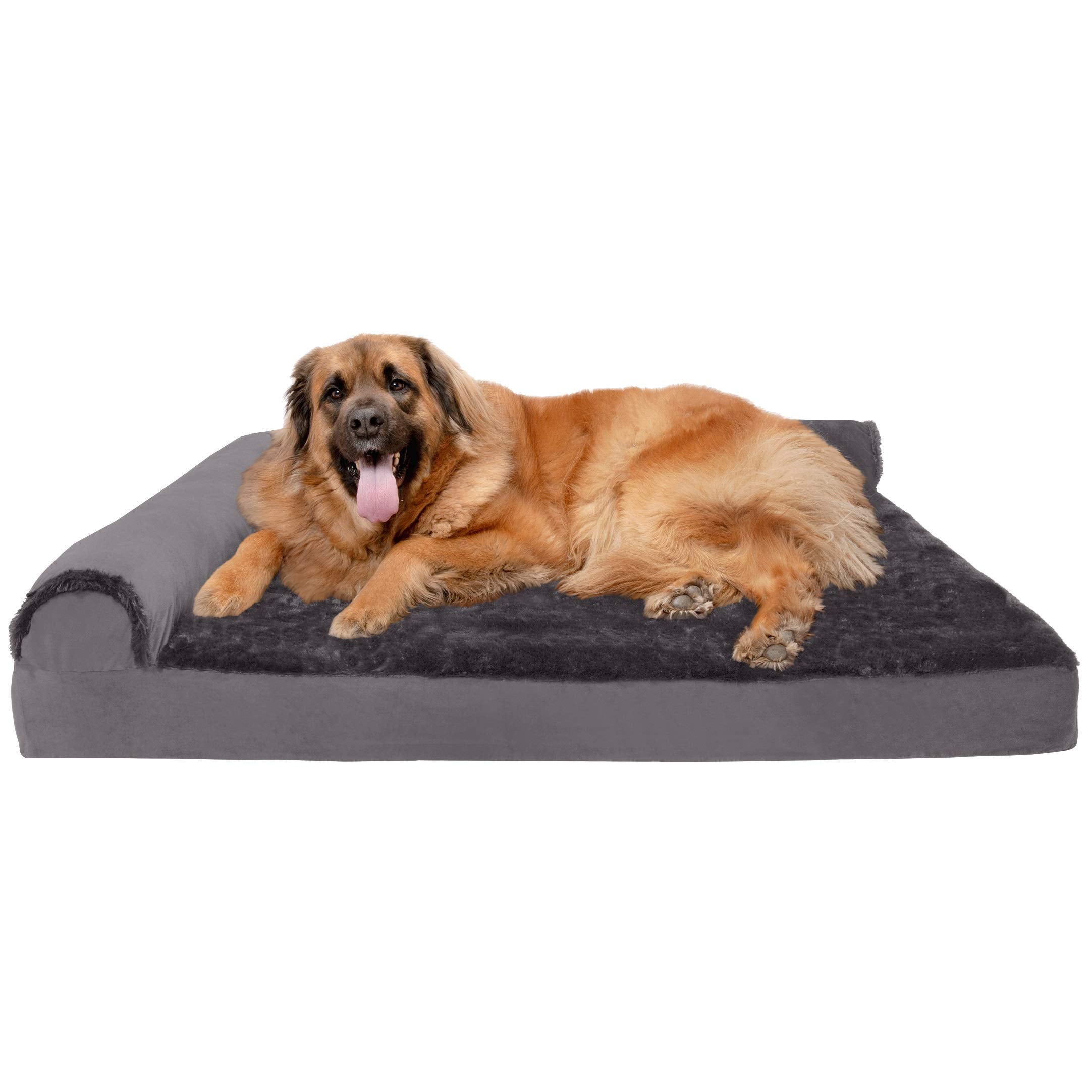 Furhaven Orthopedic Dog Bed For Large Dogs W/ Removable Bolsters & Washable Cover, For Dogs Up To 125 Lbs - Plush & Velvet L Shaped Chaise - Platinum Gray, Jumbo Plus/Xxl
