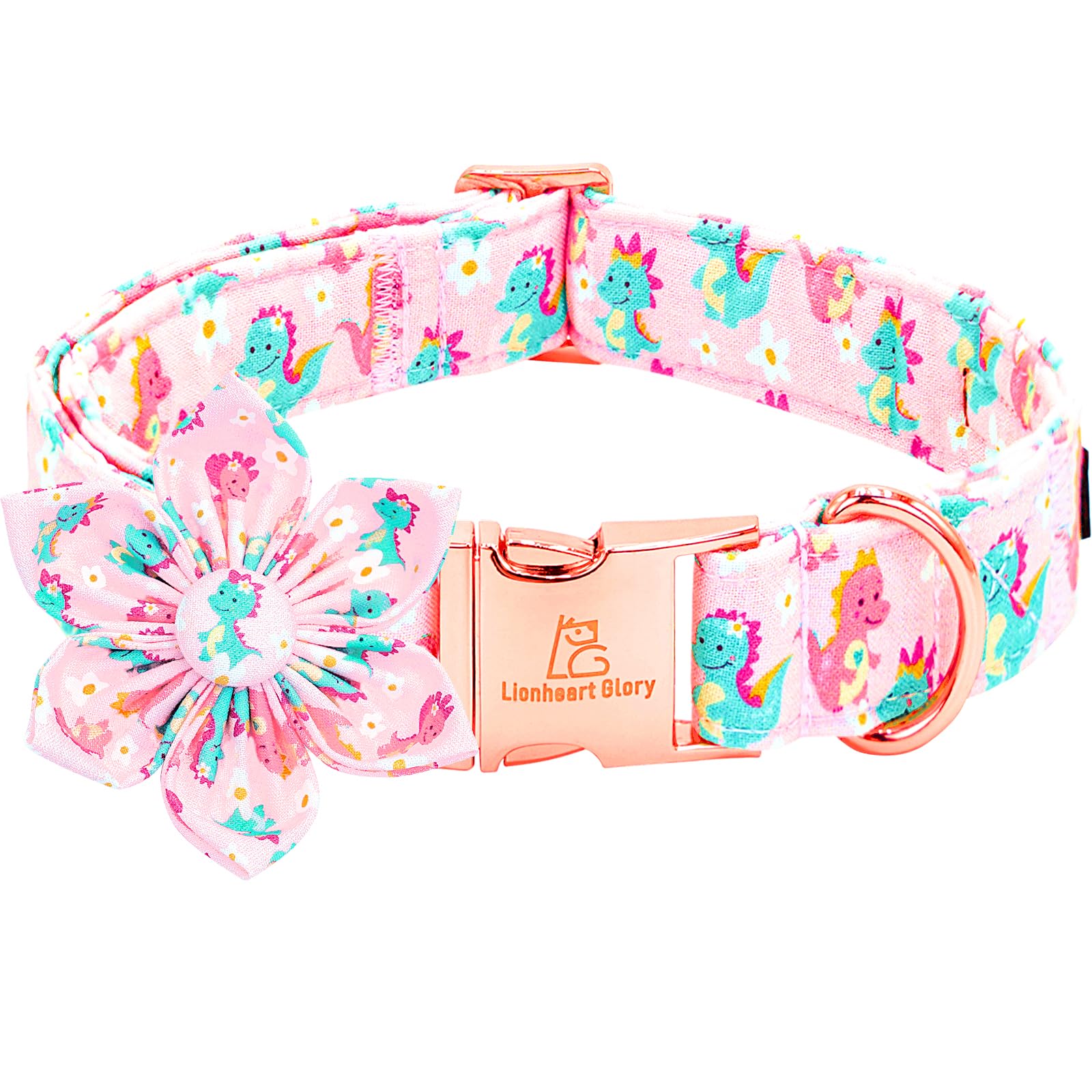 Lionheart Glory Dog Collar With Flower Dinosaurs Print Collars For Medium Dogs, Spring Summer Cute Duty Adjustable Dog Flowers C