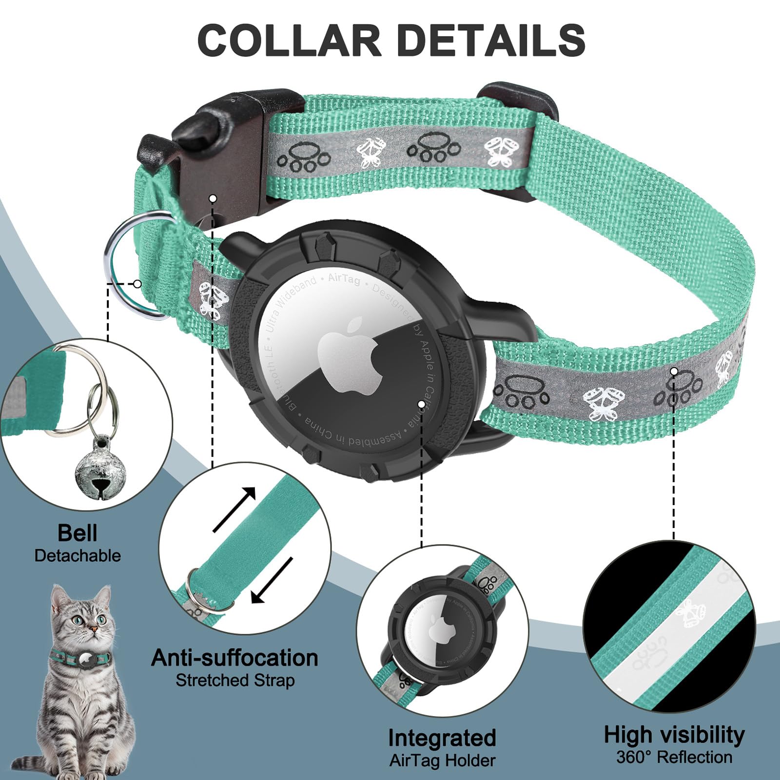 Reflective Airtag Cat Collar, Integrated Cat Tracker Collar With Air Tag Holder And Bell, Safety Elastic Band Cat Gps Collars For Girl Boy Cats, Kittens And Puppies (Green, Xs)