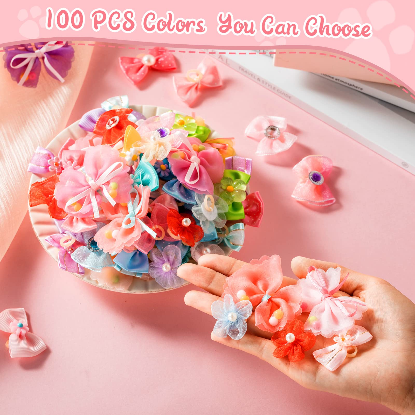 Yunsailing 100 Pcs Christmas Dog Bows Gifts Cute Dog Hair Bows Bulk Handmade Puppy Bowknot Hair Bow With Strong Rubber Bands And Rhinestone Pearls For Pet Dog Lover Present Hair Grooming Accessories