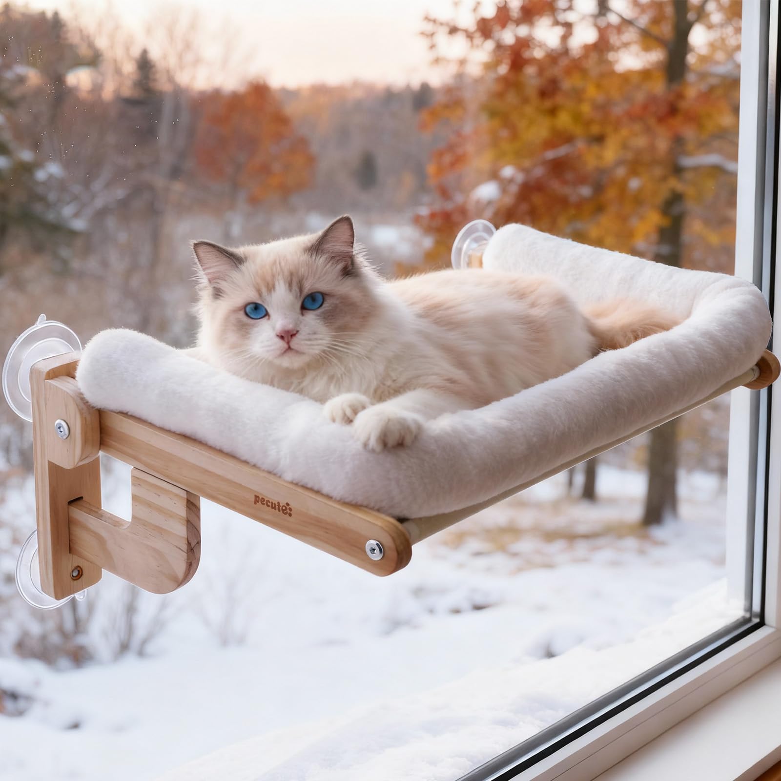 Pecute Foldable Cat Window Perch, Cloud-Soft Cat Bed with Solid Wood Frame, Strong Suction Cup, Washable Cushion, Stable Large C