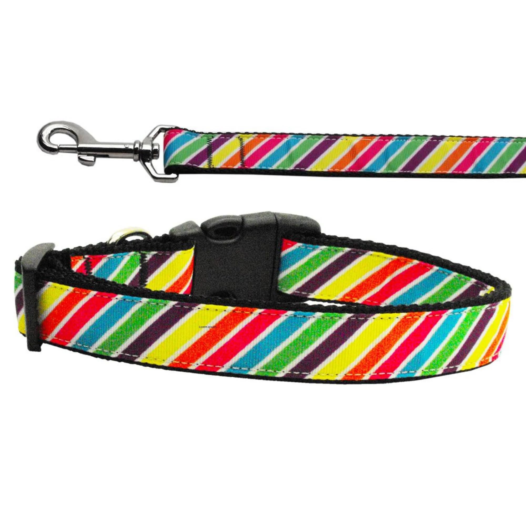 Pet Dog & Cat Nylon Collar or Leash, "Striped Rainbow" MD Narrow Collar