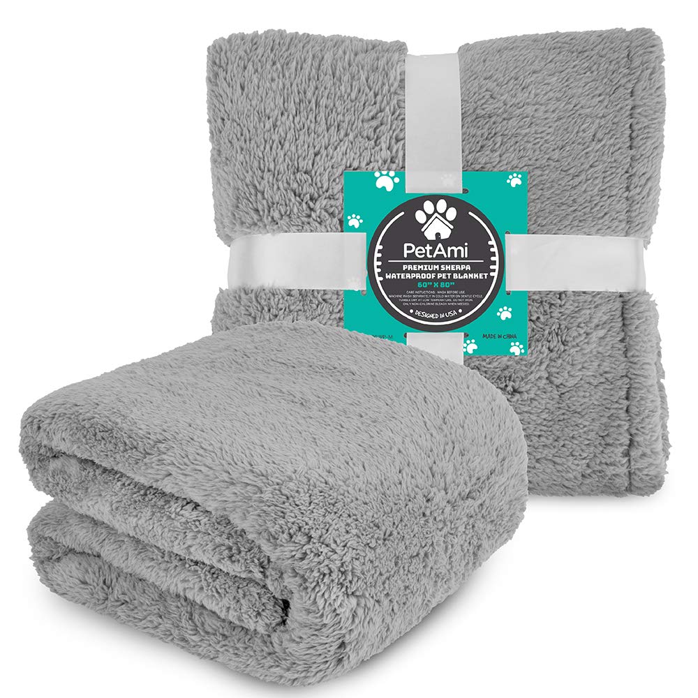 Petami Fluffy Waterproof Dog Blanket For Bed Large Dogs, Soft Warm Pet Sherpa Throw Pee Proof Couch Cover, Reversible Cat Blanket Sofa Crate Kennel Protector, Washable Mat (Light Grey, 60X80)