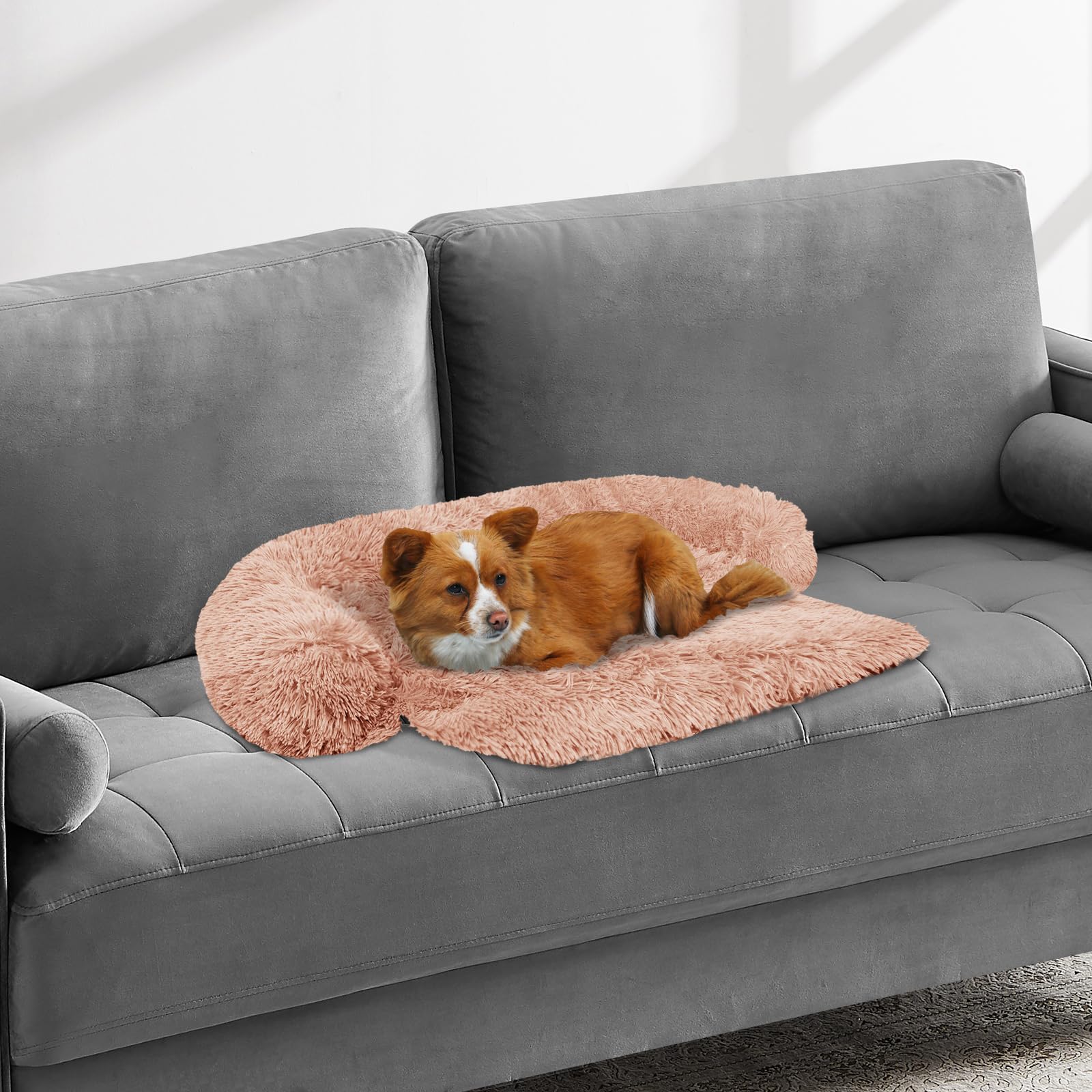 GGIB Calming Dog Bed Fluffy Plush Dog Mat for Furniture Protector with Removable Washable Cover for Large Medium Small Dogs and