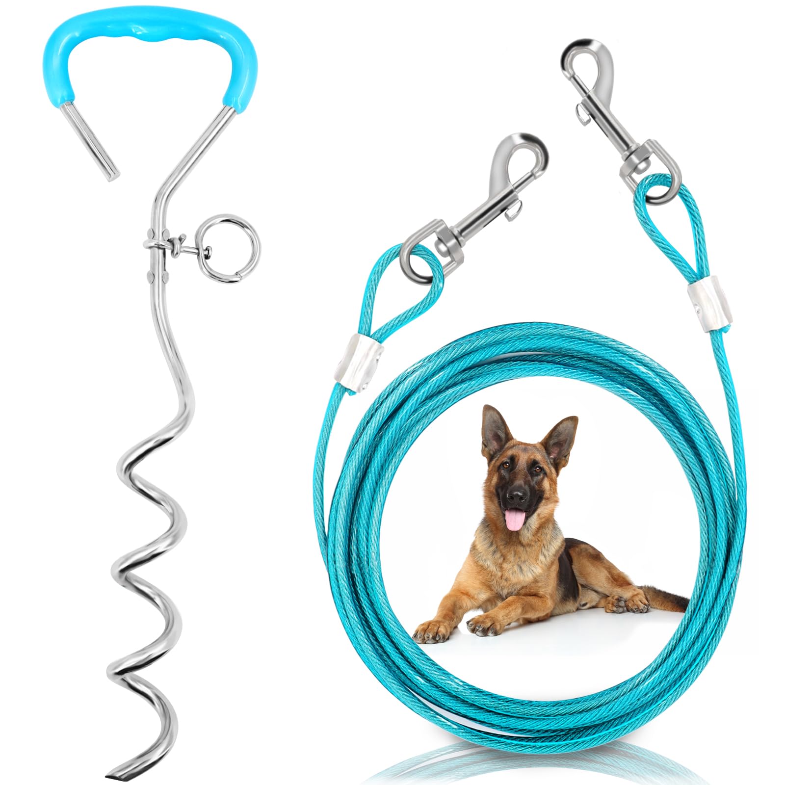 Supet Dog Tie Out Cable and Stake 32/16/10 ft Outdoor, Yard and Camping, for Medium to Large Dogs Up to 125 lbs, 16 Stake, 32/16