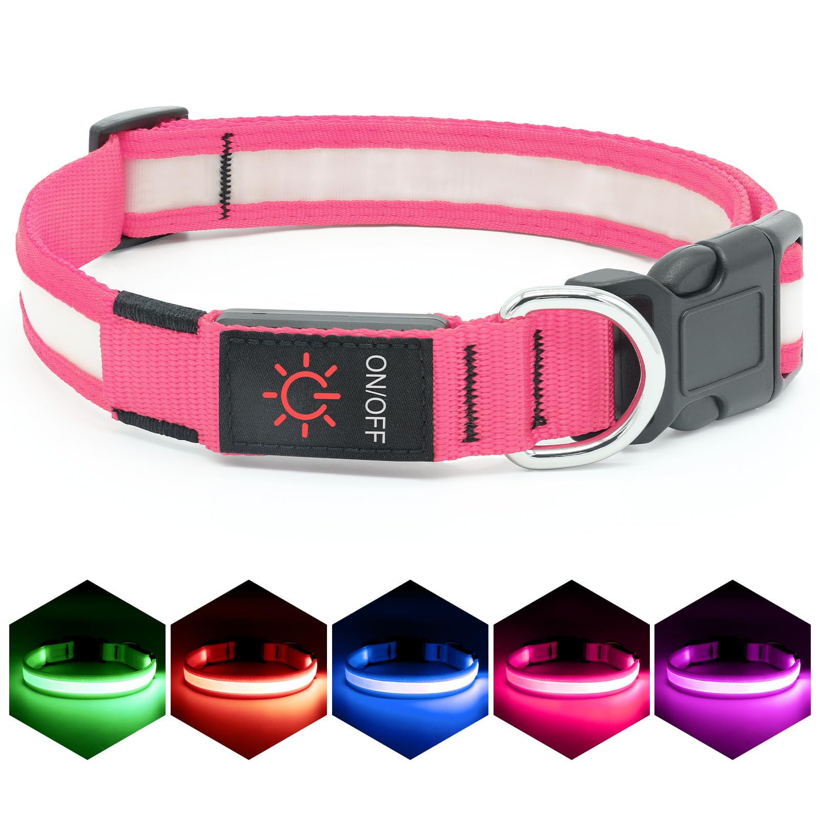 VIZPET LED Dog Collar - Adjustable, USB Rechargeable, Super Bright Safety Light, Small (11.02-15.74 inch), Pink, Model vp-pink-s