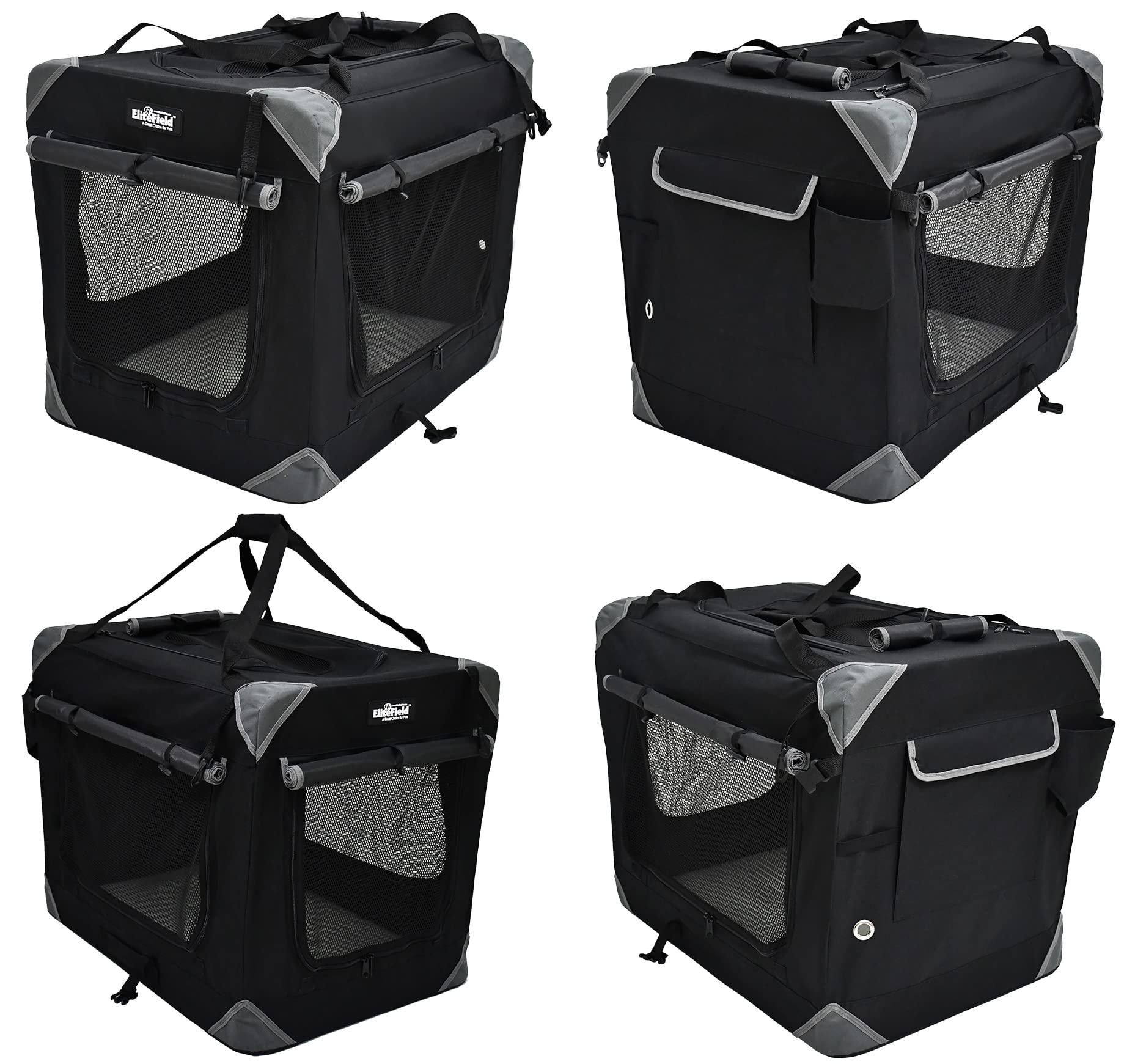 Elitefield 4-Door Folding Soft Dog Crate With Curtains, Carrying Bag And Fleece Bed (2 Year Warranty), Indoor & Outdoor Pet Home (36' L X 24' W X 28' H, Black+4 Door Curtains)