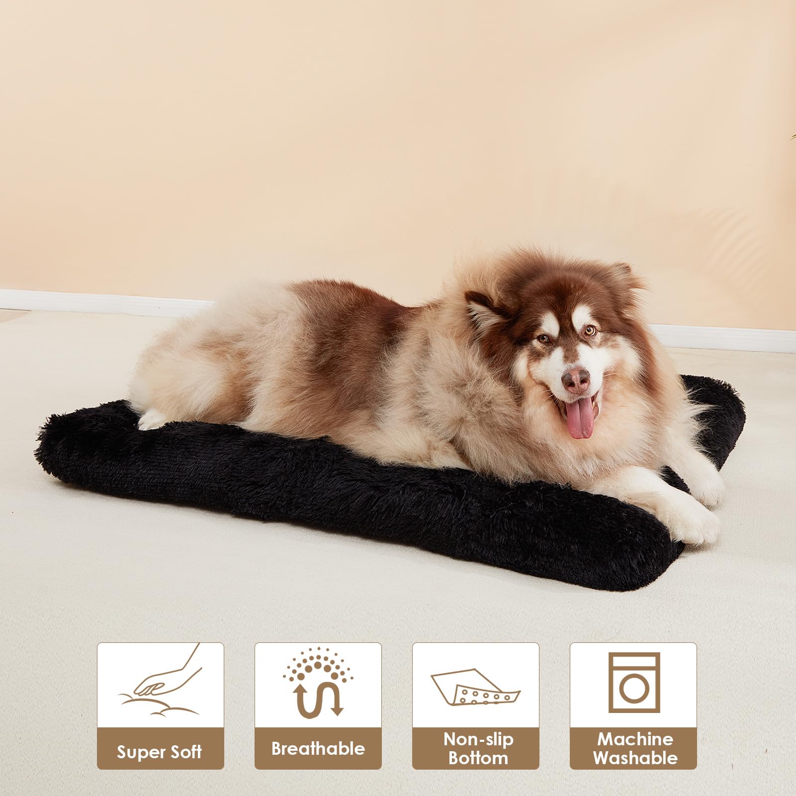Eheyciga Fluffy Xxl Dog Crate Pad, Plush Faux Fur Dog Bed For Extra Large Dogs, Calming Anti Anxiety Xxl Dog Bed For Crate, Washable Soft Warm Dog Crate Mat With Non-Slip Bottom, Black