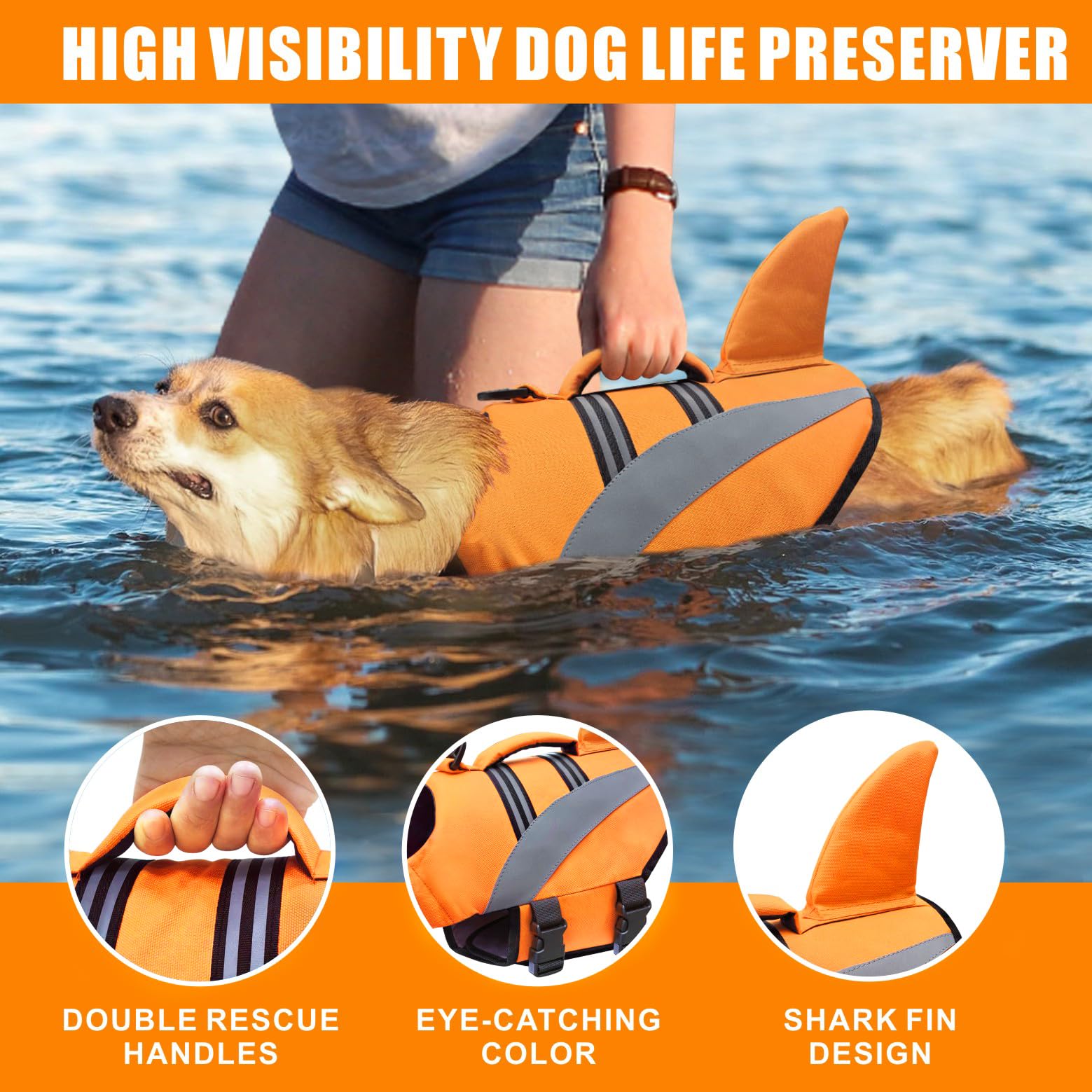 Mosucoirl Dog Life Jacket High Flotation,Shark Dog Lifesavers Floats Coat High Visibility Reflective Pet Safety Vest Swimsuits S