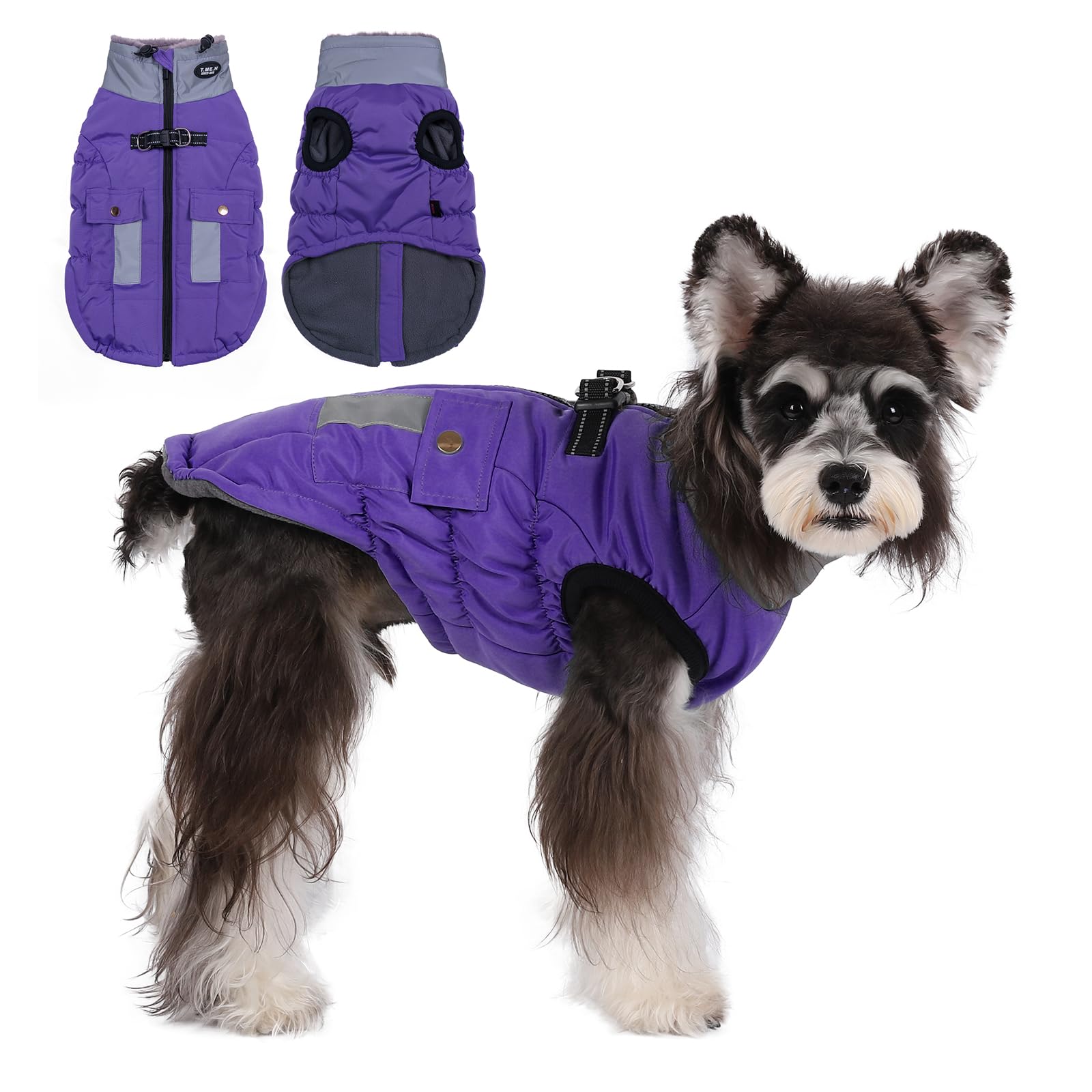 Gyuzh Dog Jacket With Faux Fur Collar, Winter Reflective Coat With Pockets For Small/Medium/Large Dogs (Small, Purple)