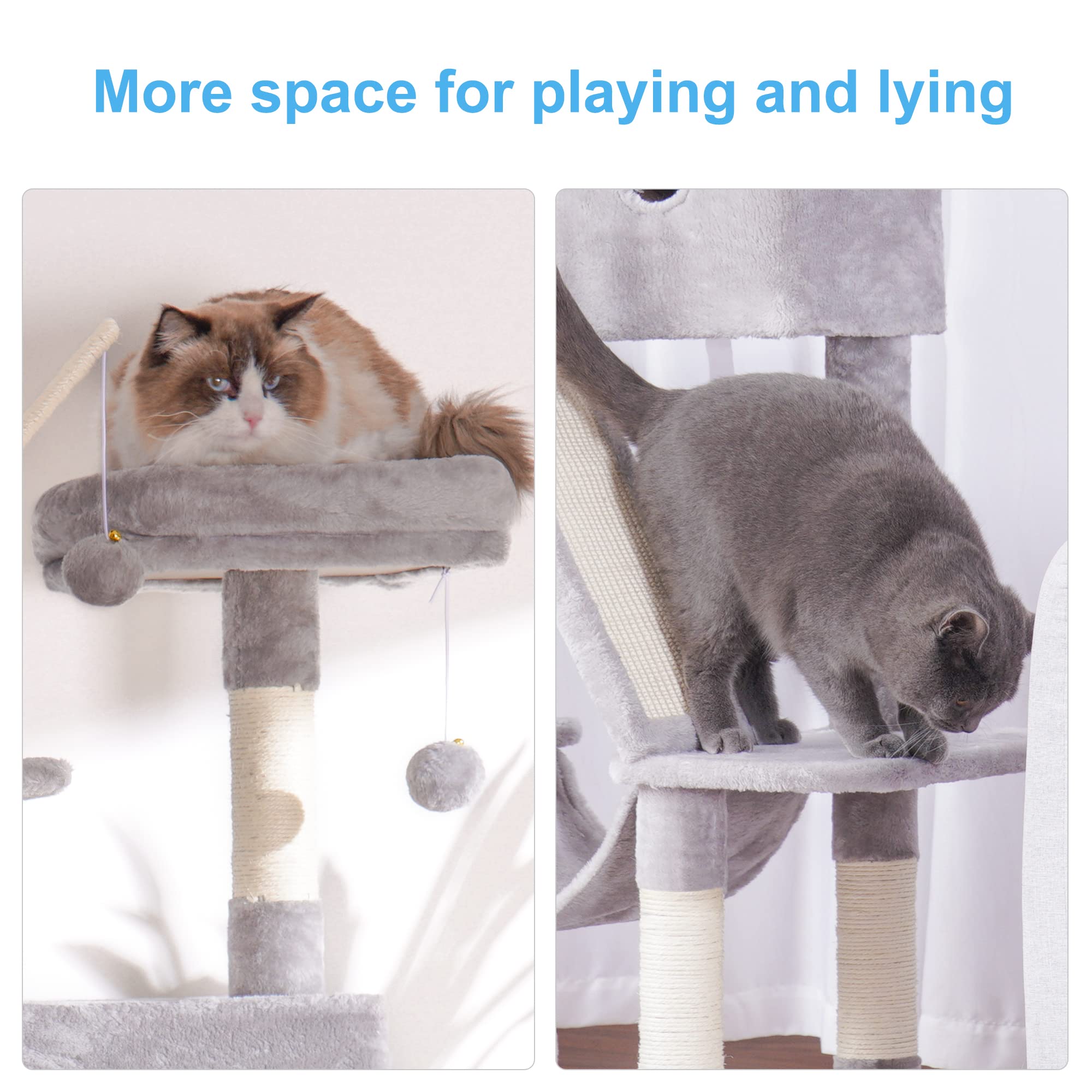 Hey-Brother Cat Tree, 61 Inch Cat Tower For Indoor Cats, Cat House With Padded Platform Bed, Toy Balls, Large Cozy Condo, Hammocks And Sisal Scratching Posts, Light Gray Mpj019W