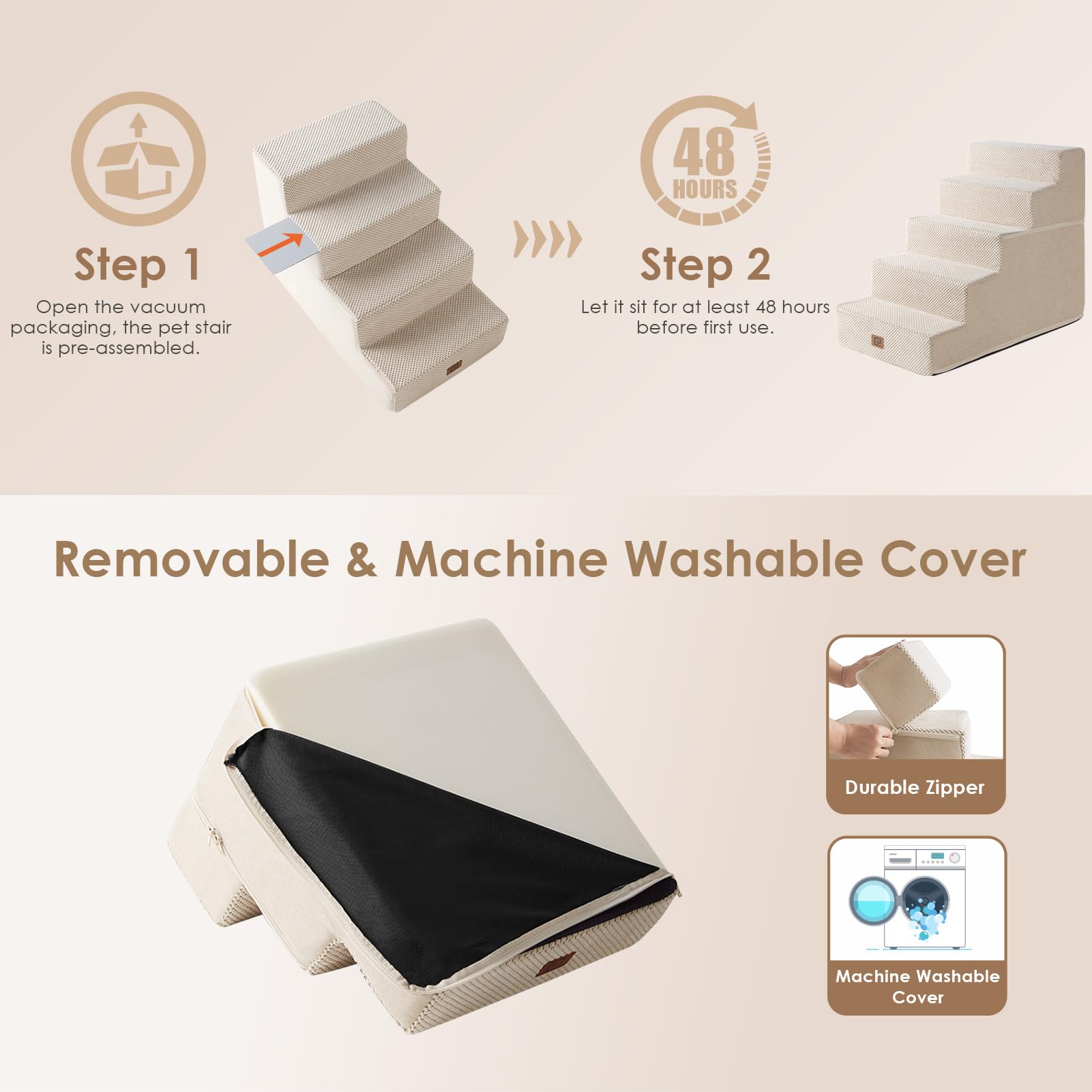 EHEYCIGA Dog Stairs, 5-Step Non-Slip Ramp for High Beds, 22.5”H, Beige Fleece, Ideal for Small Dogs and Cats