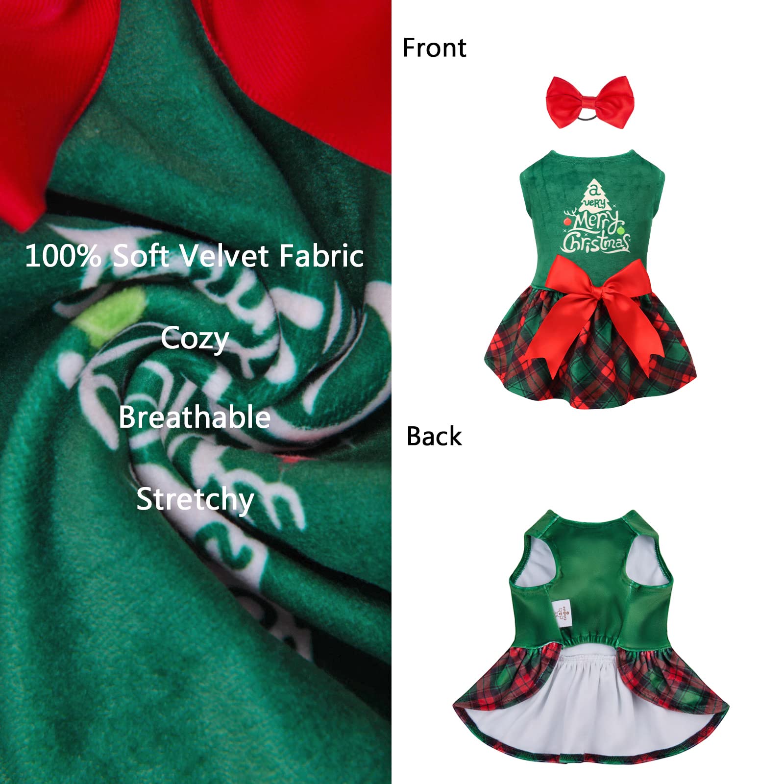Cutebone Christmas Tree Dog Dress Velvet For Small Dogs Girl Puppy Dresses Green Plaid Dog Clothes Cva05L-D