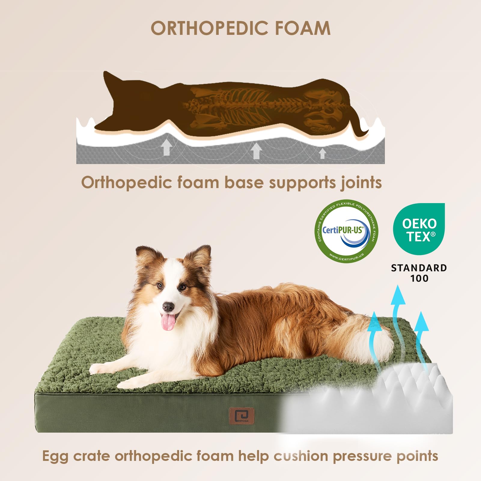 Eheyciga Orthopedic Xl Dog Beds For Extra Large Dogs With Removable Washable Cover For Crate, Dark Green, 41X27