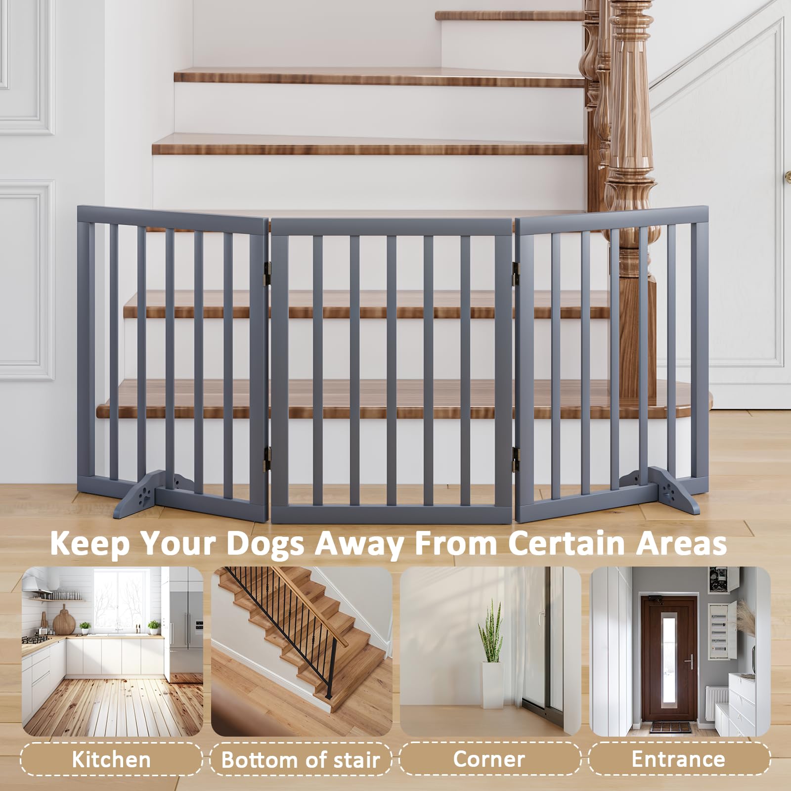 Mino Kesper Freestanding Wooden Dog Gate - 24 Inch Tall, Support Feet, Step Over, Indoor