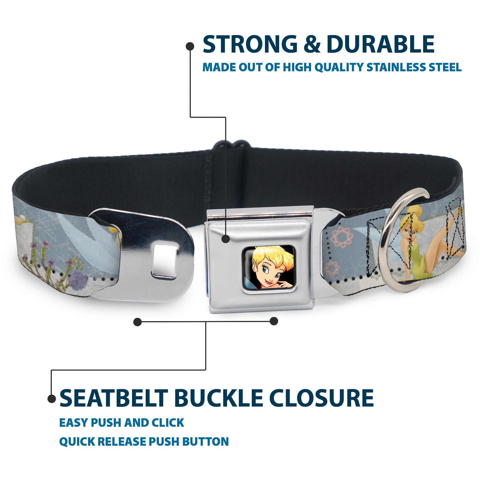 Buckle-Down Seatbelt Buckle Dog Collar - Tinker Bell Garden Poses - 1' Wide - Fits 11-17' Neck - Medium