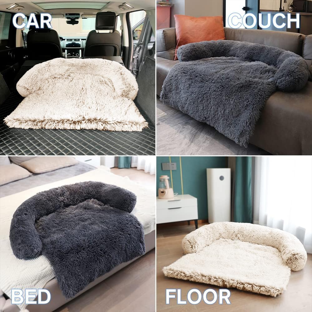 Calming Dog Bed Fluffy Plush Dog Mat For Furniture Protector With Removable Washable Cover For Large Medium Small Dogs And Cats (Large, Beige)