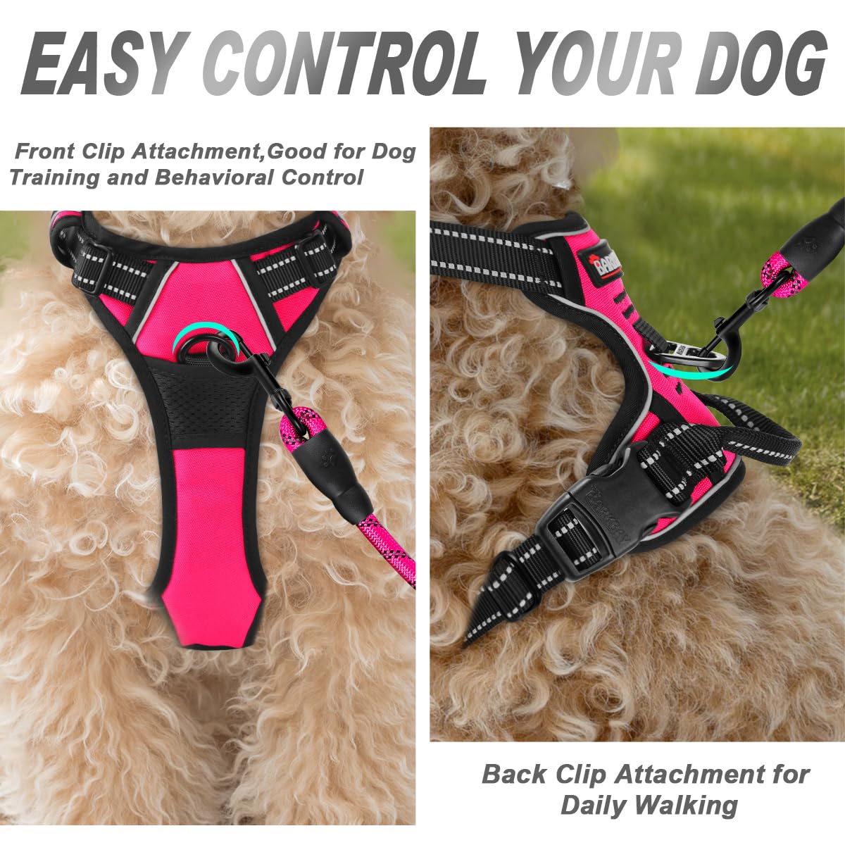 BARKBAY No Pull Dog Harness Front Clip Heavy Duty Reflective Easy Control Handle for Large Dog Walking(Pink,XS)