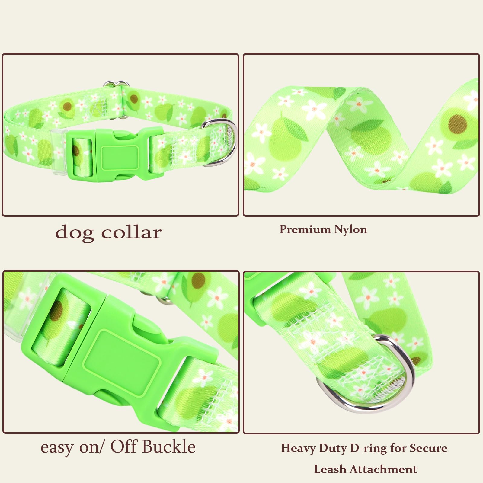Onefojojo Dog Collar - Cute Green Avocado Design, Soft Nylon Adjustable Quick-Release Buckle, Durable Pet Collar For Boy And Gir
