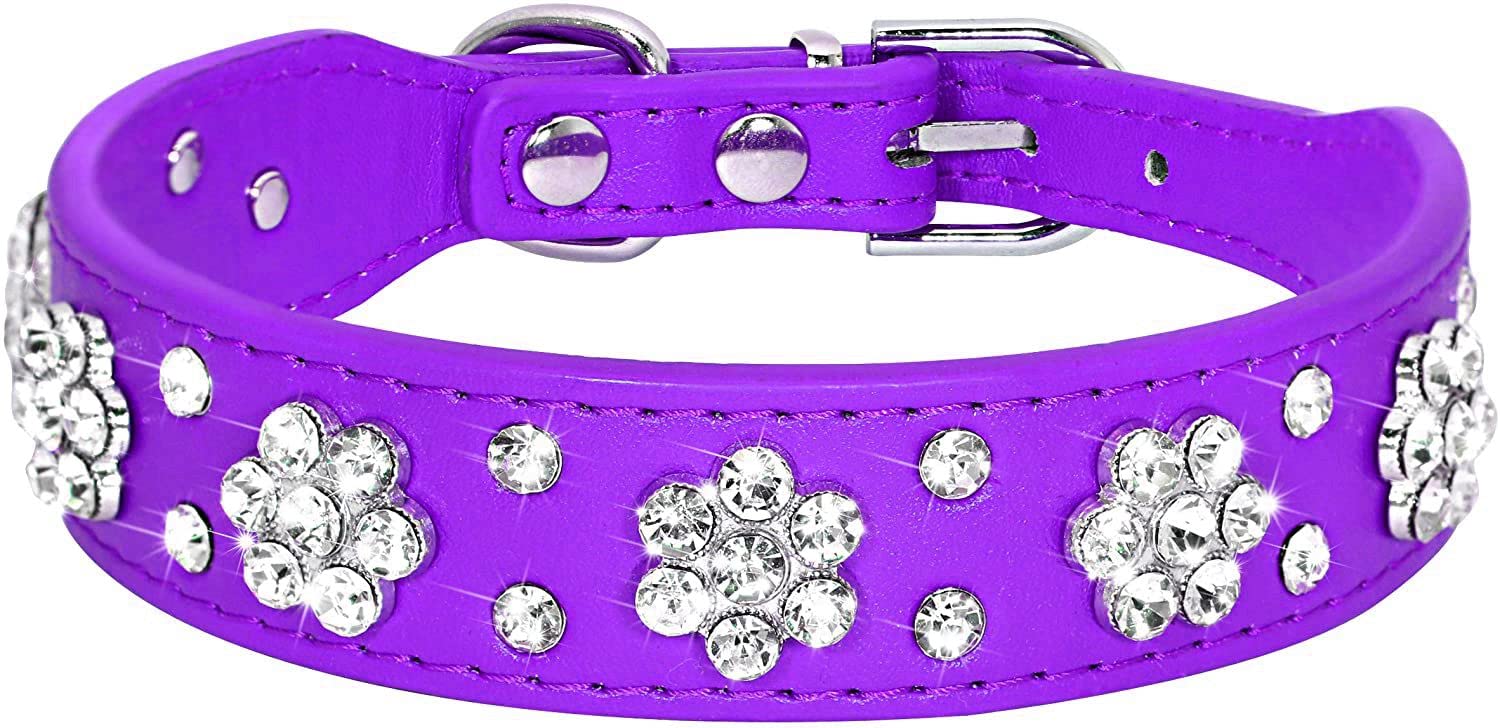 Serijoars Rhinestone Dog Collar, Cute Flower Rhinestone Bling Collar Pu Leather Adjustable Sizes Xs Small Medium (M, Purple)