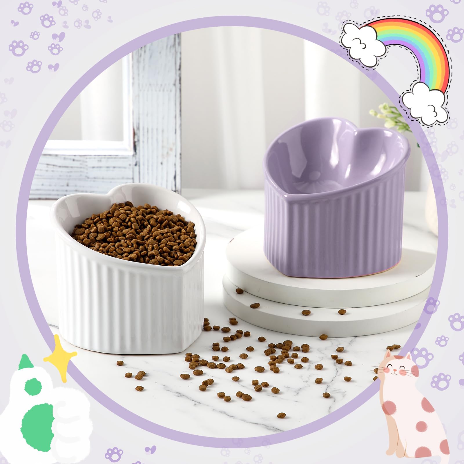 Mumufy 2 Pcs Ceramic Elevated Cat Bowls Tilted Elevated Raised Pet Bowls Anti Vomit Cat Dish for Indoor Stress Free Water Dish F