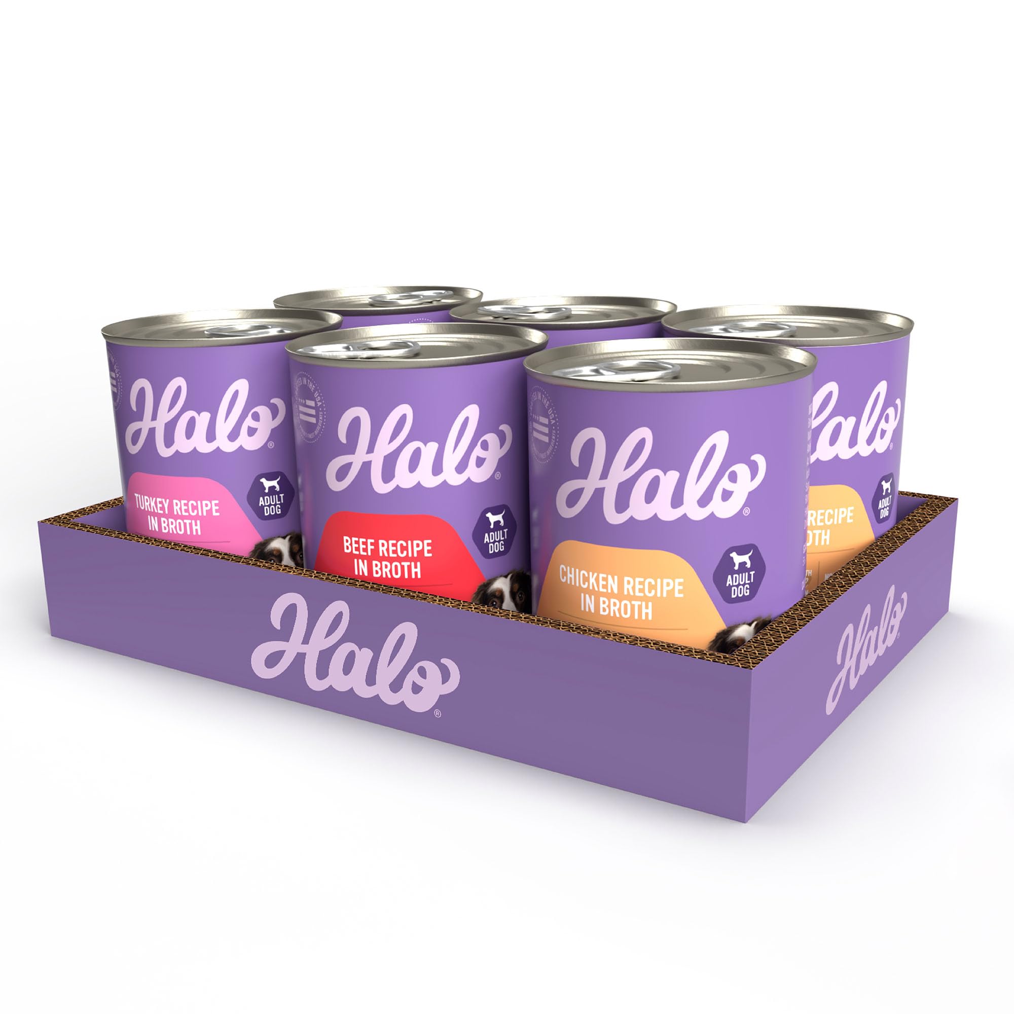 Halo Wet Dog Food Variety Pack, Three Canned Whole Meat Chicken Stew, Beef Stew, Turkey & Salmon Stew, 13.2 Oz Can (Pack of 6)