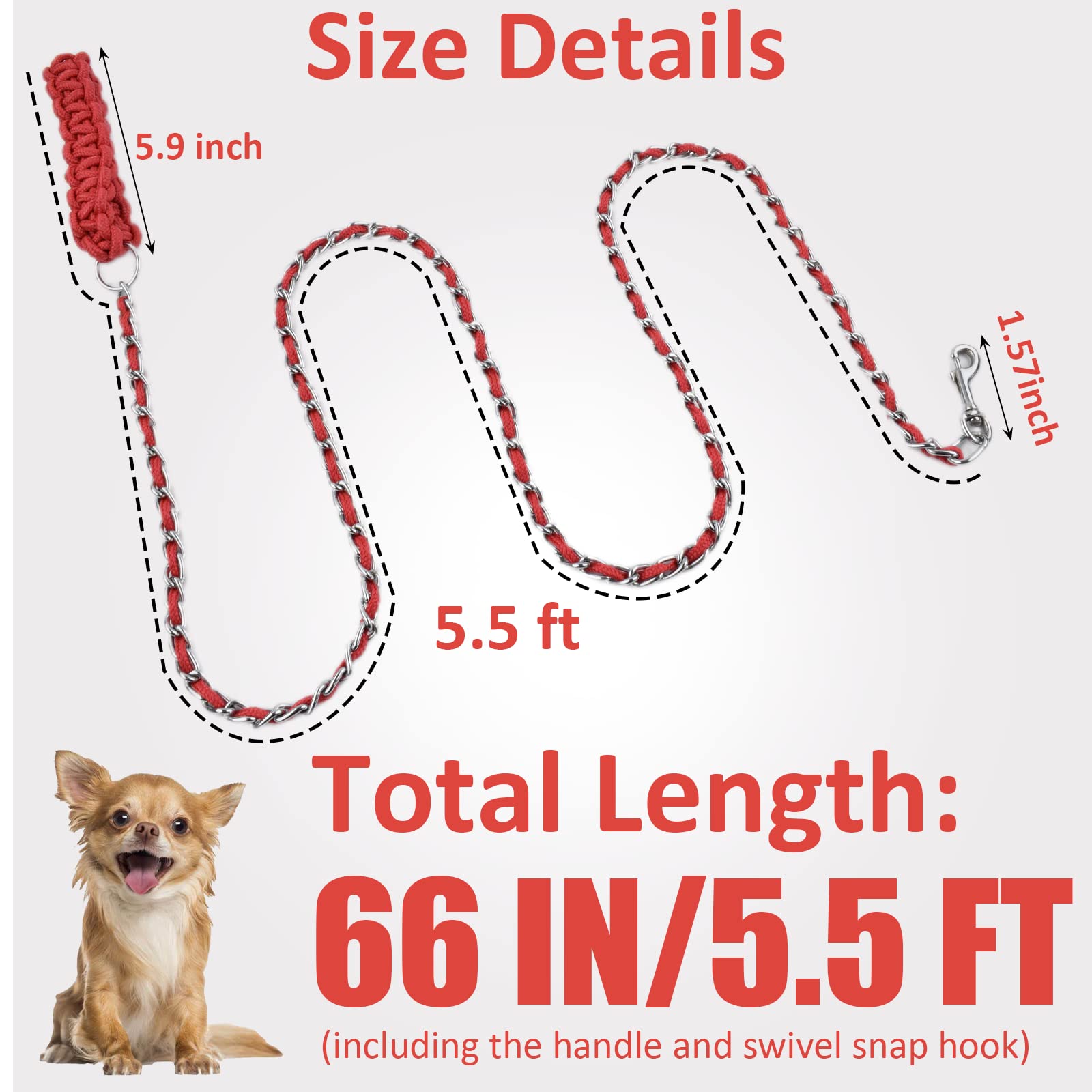 Cdycam Chain Dog Leash Chew Proof Dog Leash For Medium Large Dogs, 5.5 Ft Heavy Duty Metal Leashes With Anti Bite Rope Handle Fo