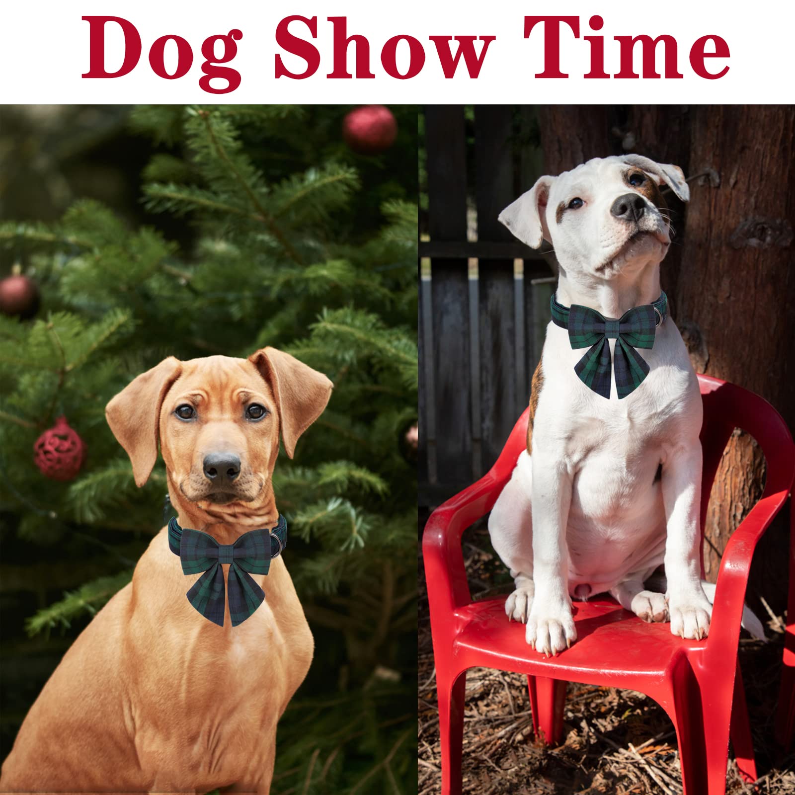 Unique Style Paws Christmas Dog Collar With Bow Tie Green Plaid Puppy Collar For Small Medium Large Dogs As Autumn Winter Pet Gifts-L