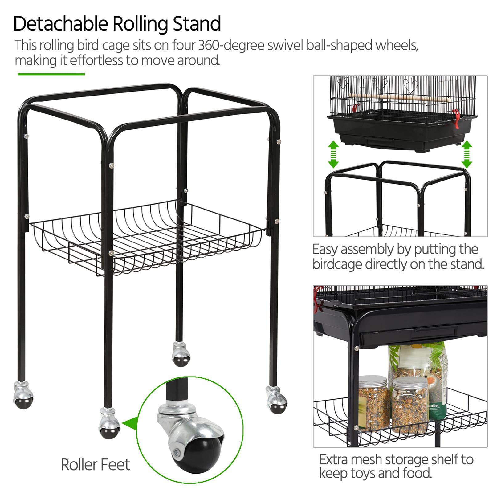 Yaheetech 64-Inch Open Top Bird Cage with Rolling Stand, Alloy Steel, Black, for Parrots, Lovebirds, Finches, and More