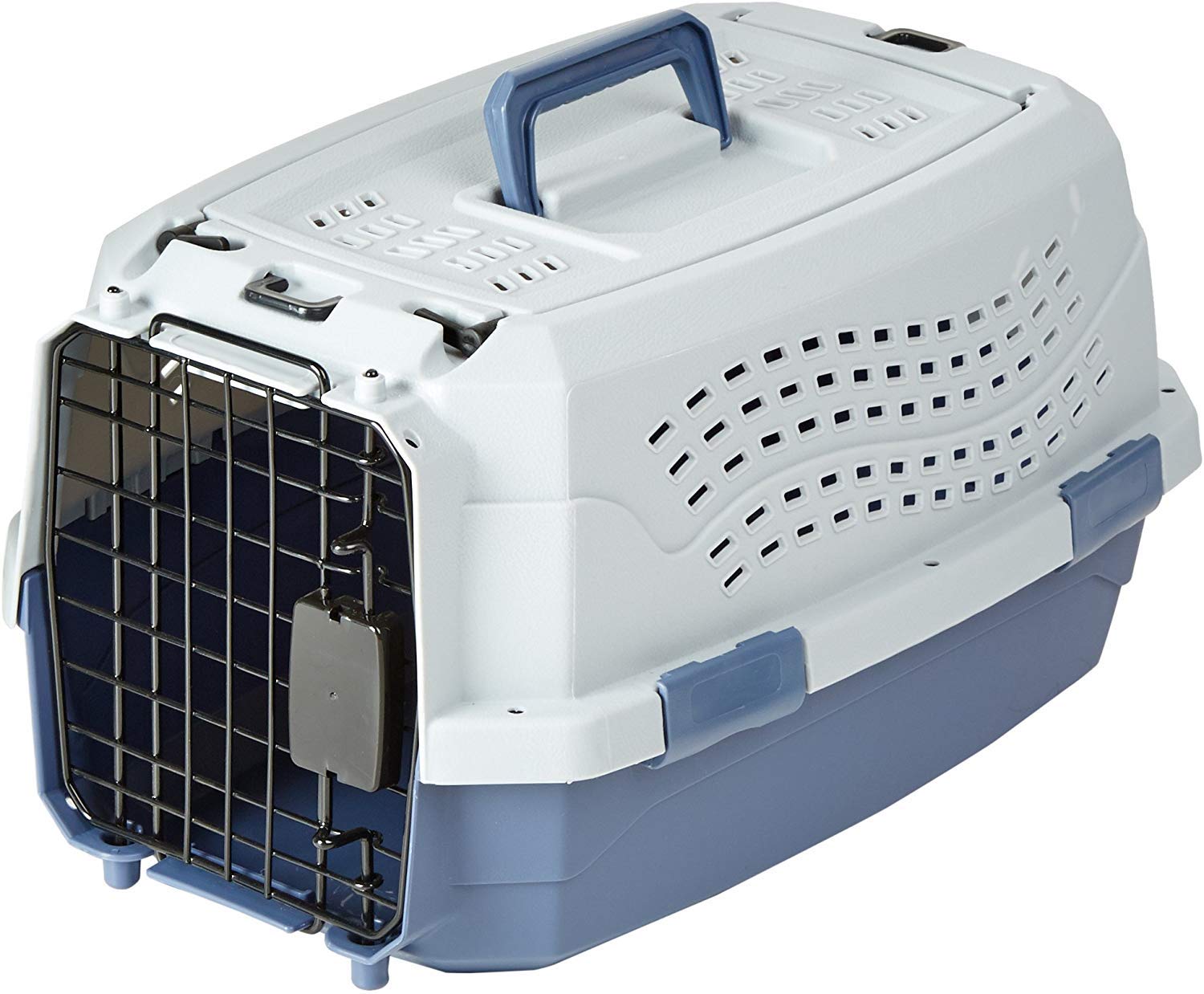 Amazon Basics 2-Door Top-Load Hard-Sided Cat Pet Travel Carrier, 19.0 L x 12.6 W x 10.0 H, Gray & Blue