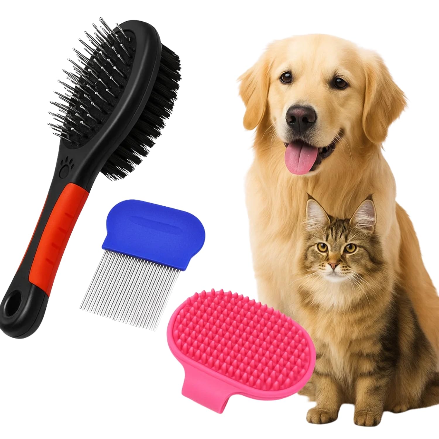 Sage Square 3In1 Complete Pet Grooming Kit For Dogs & Cats | Bath & Massage Rubber Palm Comb | Plastic Double Sided Brush Comb
