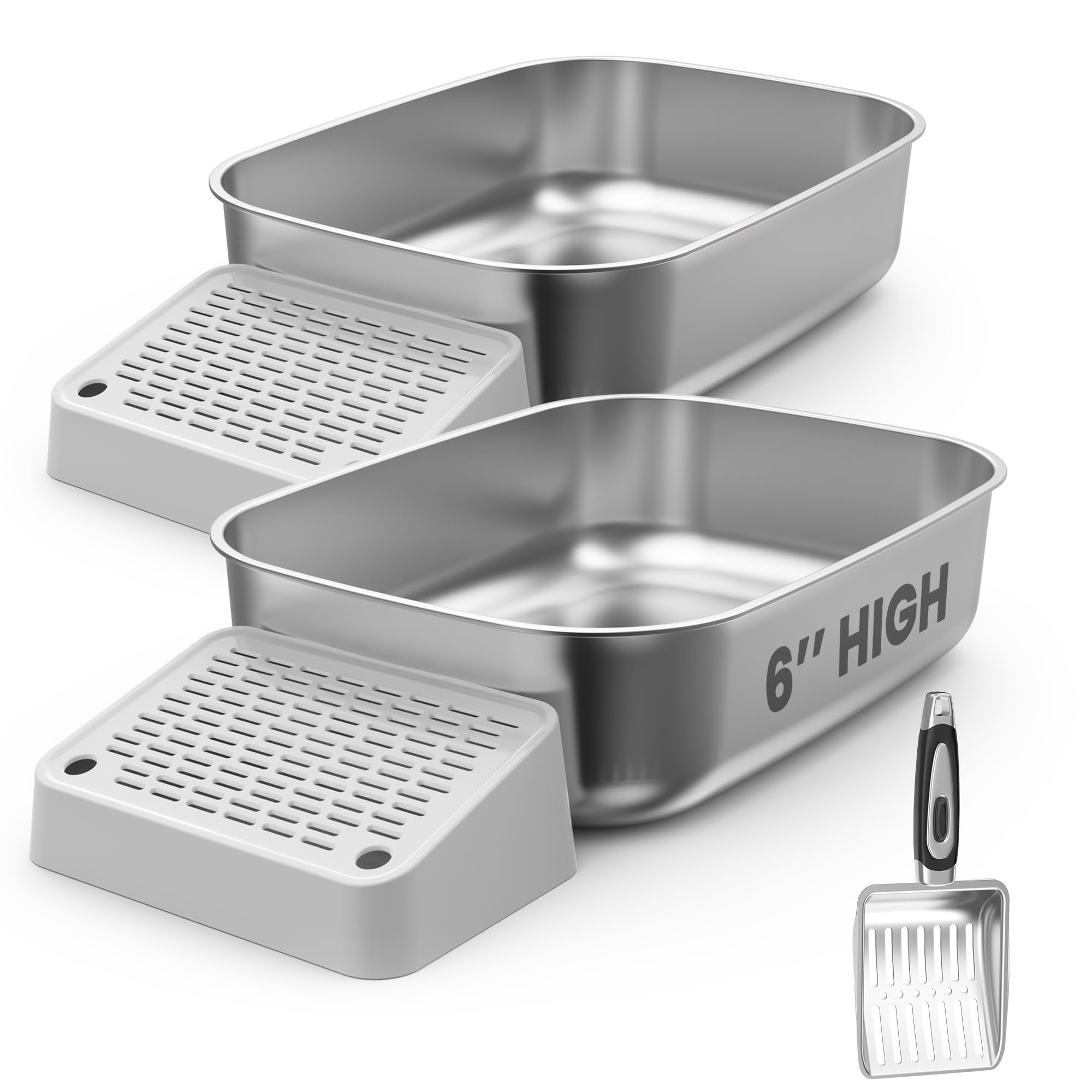 Pawspik Stainless Steel Cat Litter Box With Steps & Metal Scooper, X-Large, 2 Pack, 23    X 16.5    X 6   